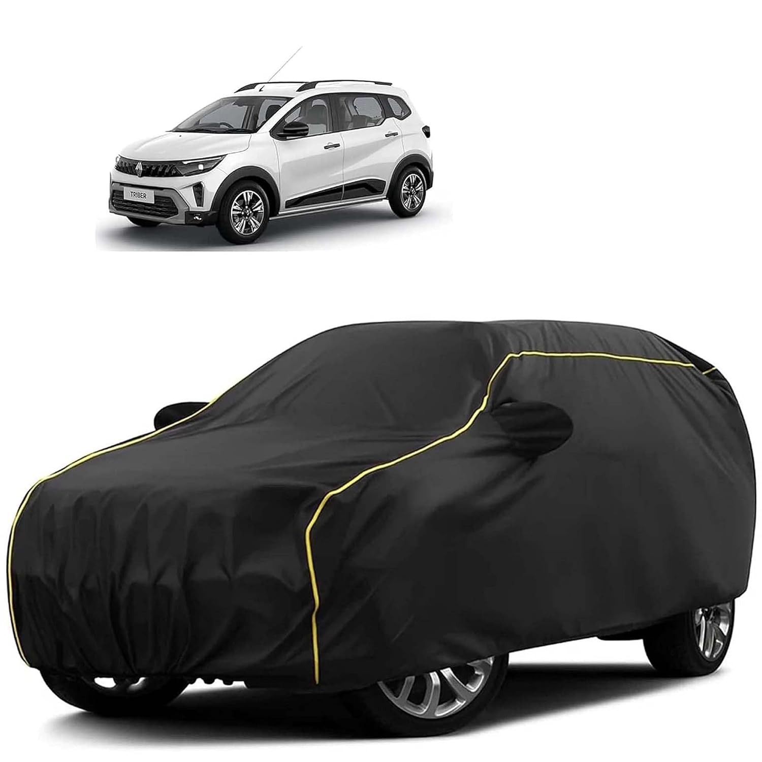 Sulfar 100% Water Resistant Car Body Cover Compatible with Mirror for Renault Triber (Triple Stitched, Full Bottom Elastic, Black Tafetta with Yellow Piping)