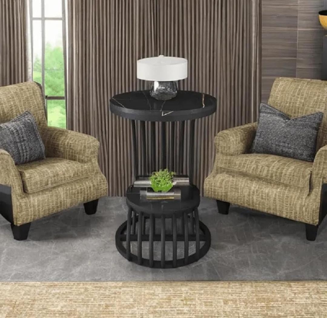 Furniture Cafe Modern Round Accent Table | Compact Side Coffee Table with Engineered Wood Top & Metal Frame | Bedside & Sofa Table for Living Room (Black)