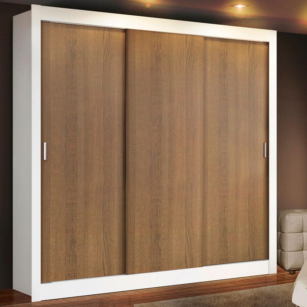 Madesa 3 Sliding Doors Wardrobe Ample Storage Wooden Almirah 170 Cm with Shelves, Drawers and Hanging Units for Bedroom - White/Brown