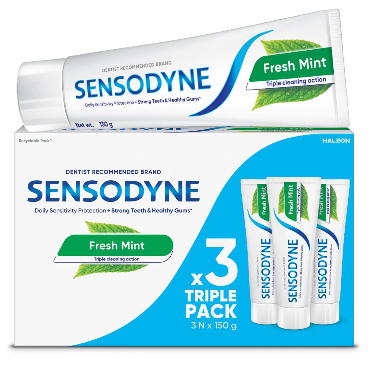Sensodyne Toothpaste Fresh Mint |Daily Sensitivity Relief Tooth Paste Combo Pack - 450gm (150gm x 3)| Everyday Use Paste, Fresh Breath, Fights Tooth Decay, Maintain Healthy Gums