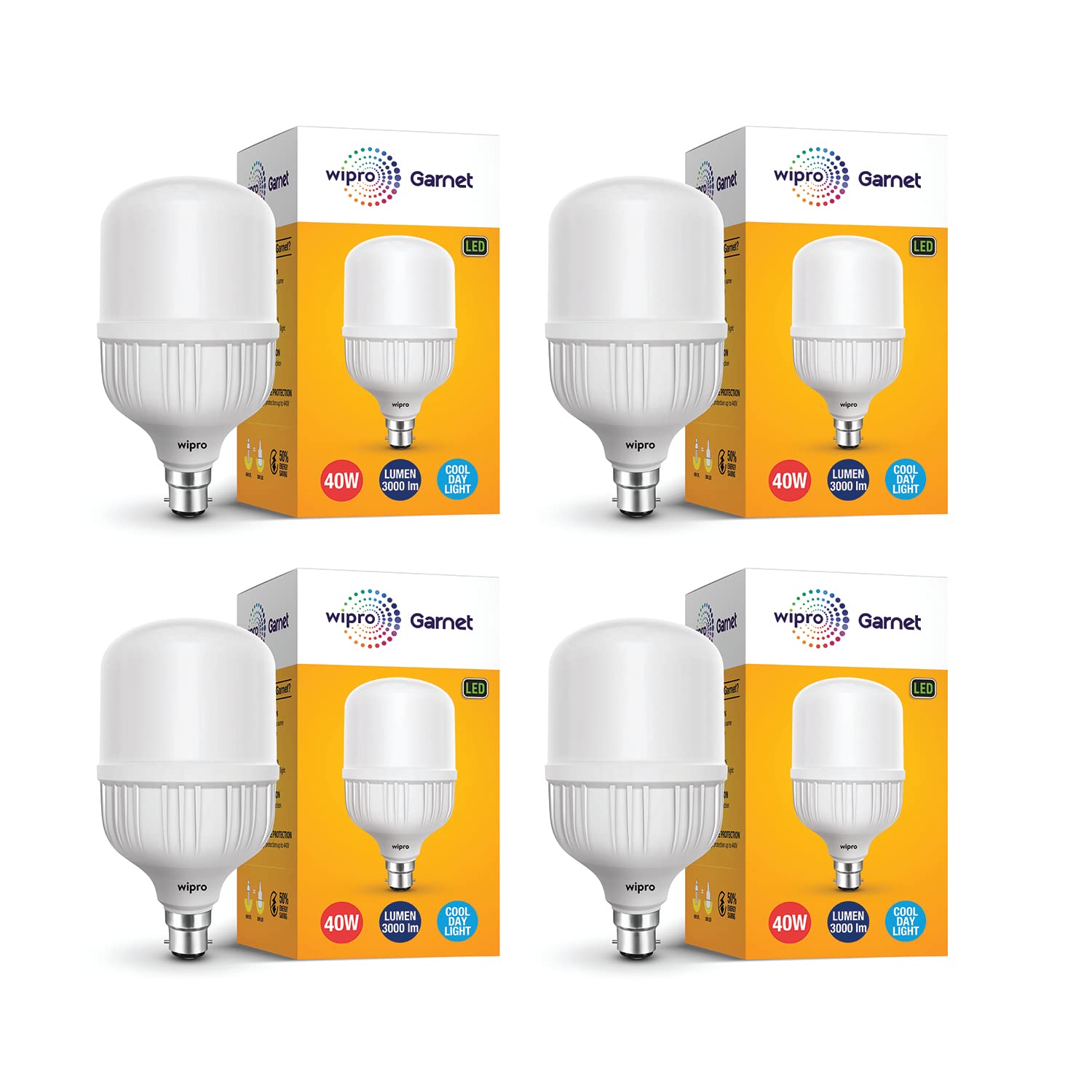 wipro Garnet 40W LED Bulb for Home & Office |Cool Day White (6500K) | B22 Base|220 degree Light coverage |4Kv Surge Protection |400V High Voltage Protection |Energy Efficient | Pack of 4