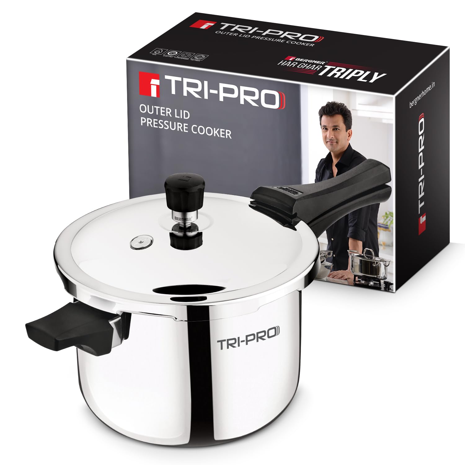 Bergner TriPro Triply Outer Lid Pressure Cooker 5 Litres, Bakelite Safe Grip Handle, Healthy Cooking, Even and Faster Heat Distribution, Easy to Clean, 2.5mm Thickness - Induction and Gas Stove Ready