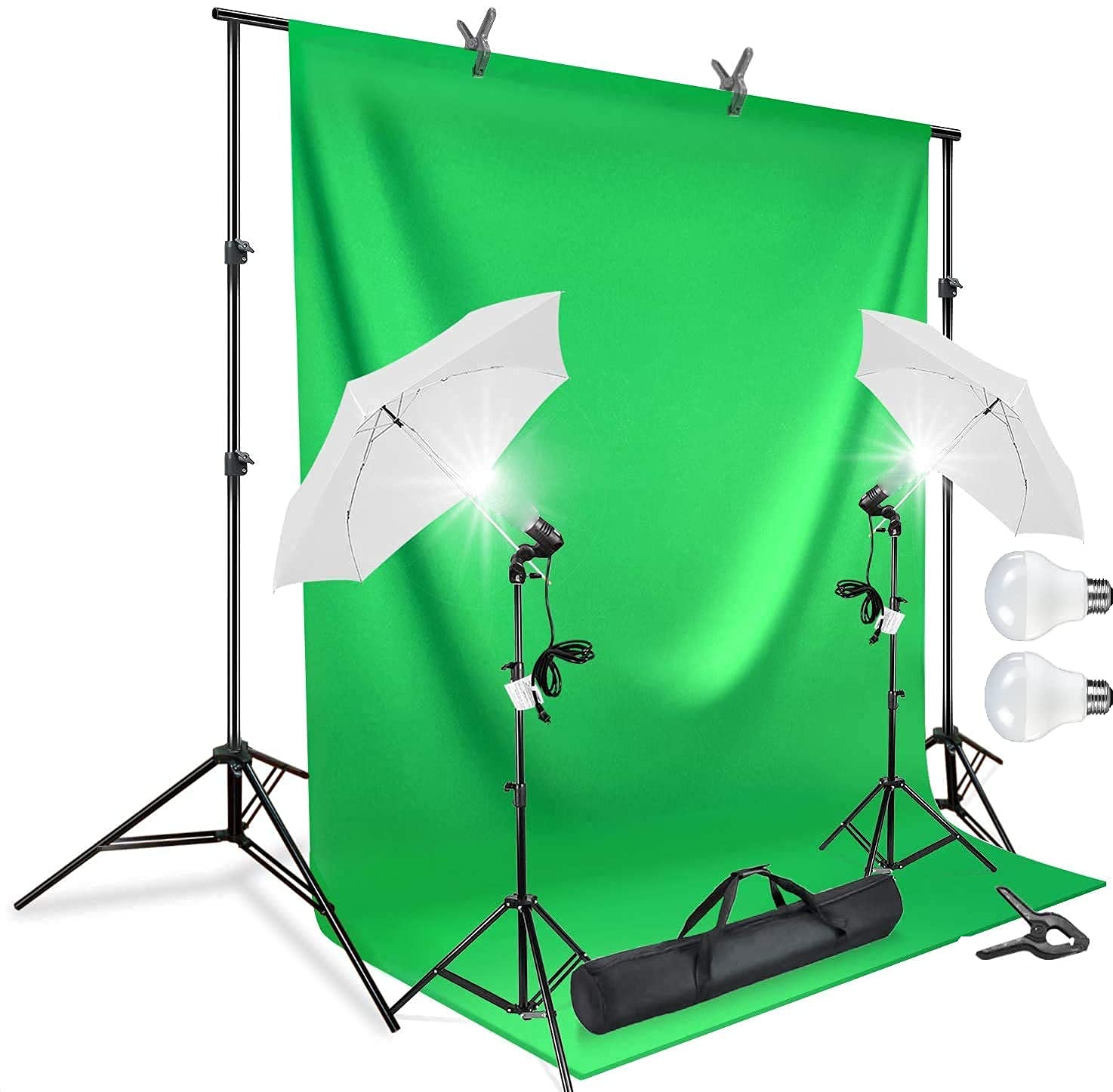 Photography Continuous Umbrella Studio Light Lighting Kit with Chromakey Green Screen Photo Background Backdrop Stand Support System