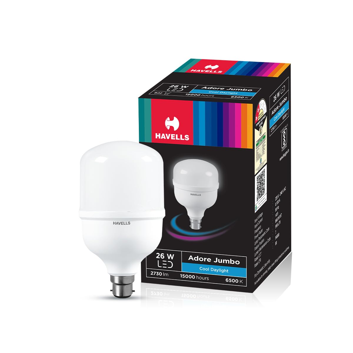 Havells 26W High Wattage LED Bulb | High Cri & High Efficiency | Energy Efficient | Mercury-Free | 4Kv Surge Protection | 100 Lumens Per Watt |Cool Day Light (6500K) B22D