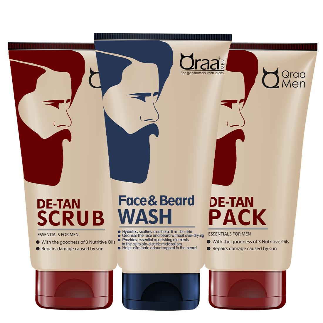 Qraa Men De Tan Pack, 120 g with De Tan Scrub, 100 g with Face and Beard Wash, 100 g
