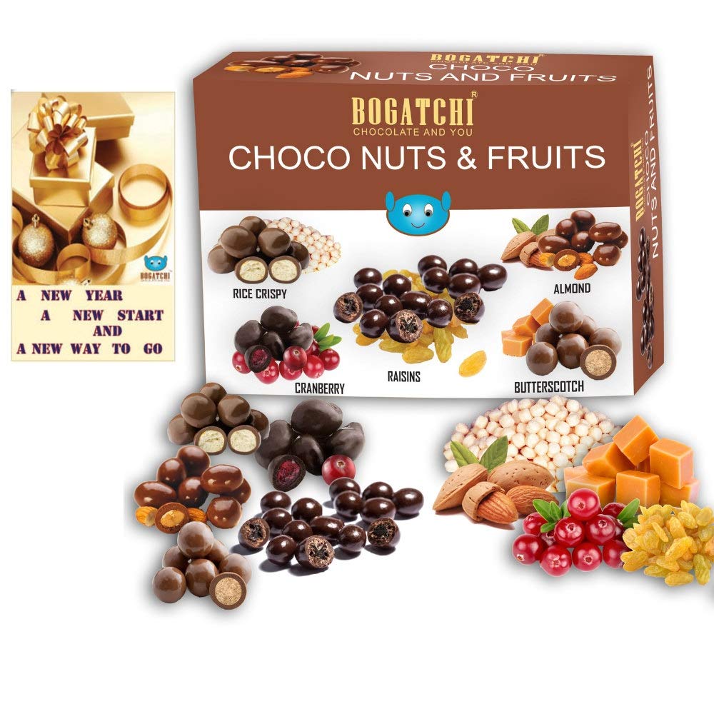 BOGATCHI Chocolate Coated Assorted Nuts and Fruits, New Year Special Rich Dry Fruit Collection Gift, 100g + Free Happy New Year Card