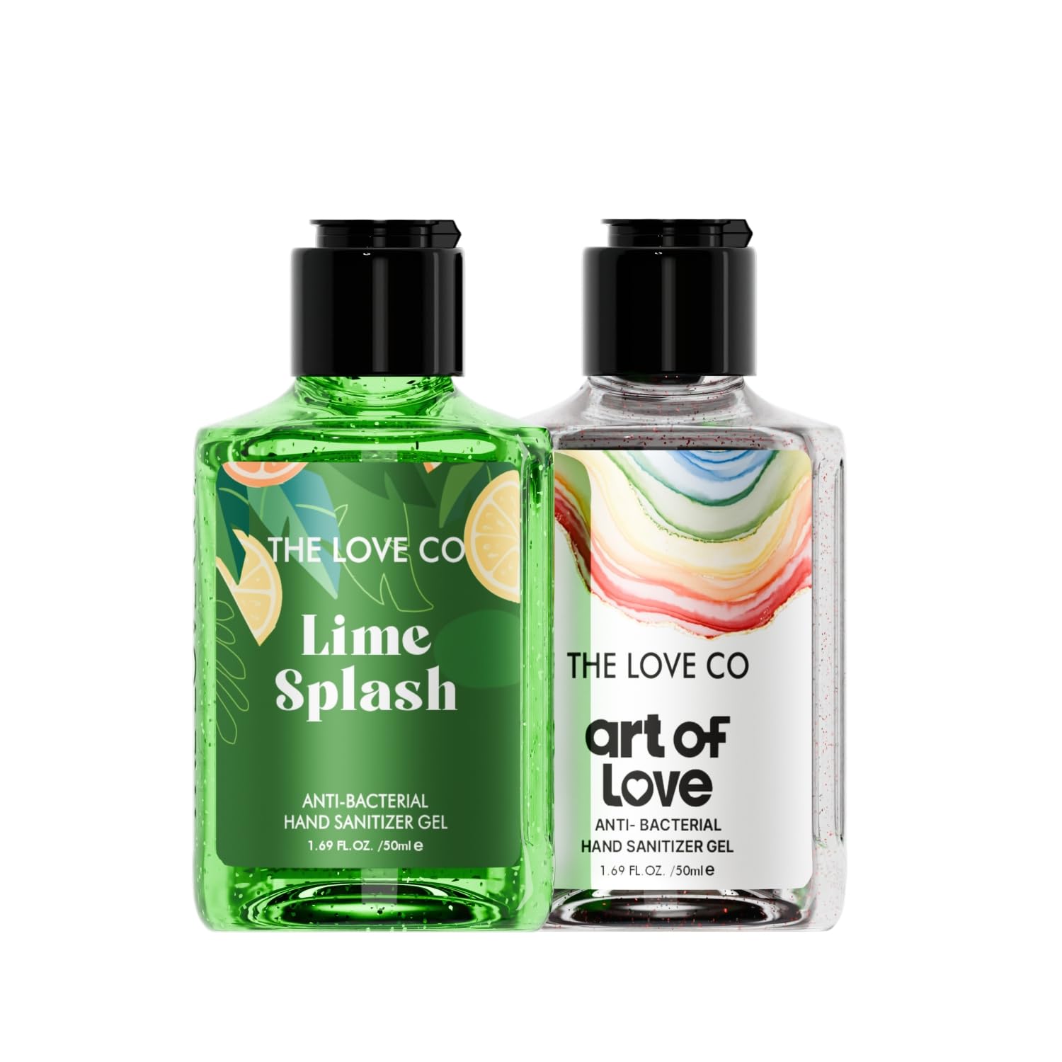 THE LOVE CO. Lime Splash & Art of Love Small Hand Sanitizer Gel | 80% Alcohol Based, Quick-Drying & Non-Sticky | 99.9% Germ Protection for All Skin Types | 100% Vegan | 50ML Pack of 2