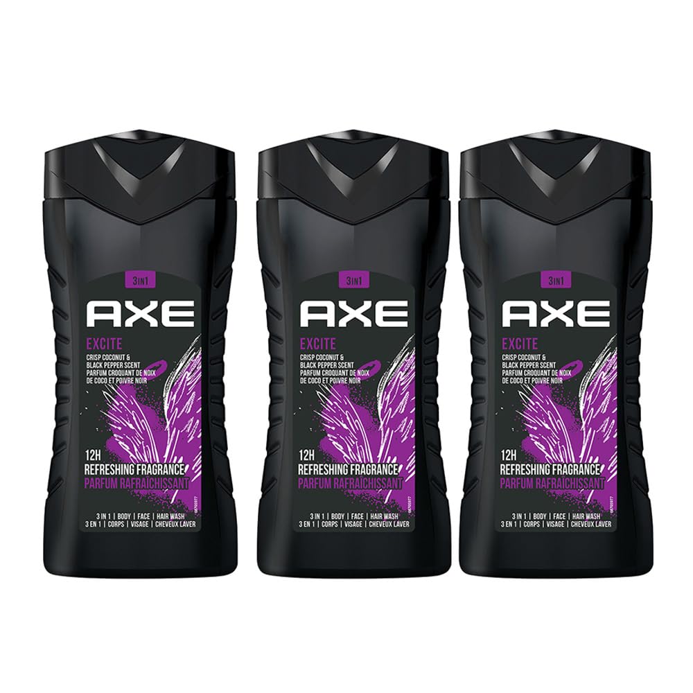 AXE Excite 3-in-1 Body, Face & Hair Wash | Crisp Coconut & Black Pepper Scent | 12H Refreshing Fragrance |Combo of 3| 250 ml Each
