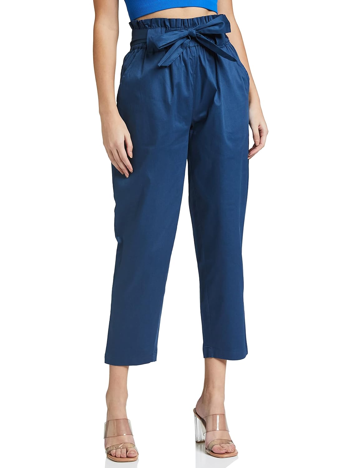 Amazon Brand - Symbol Women's Slim High Rise Ankle Length Tapered Paper Bag Formal Trousers (with Self Fabric Belt) (Available in Plus Sizes)