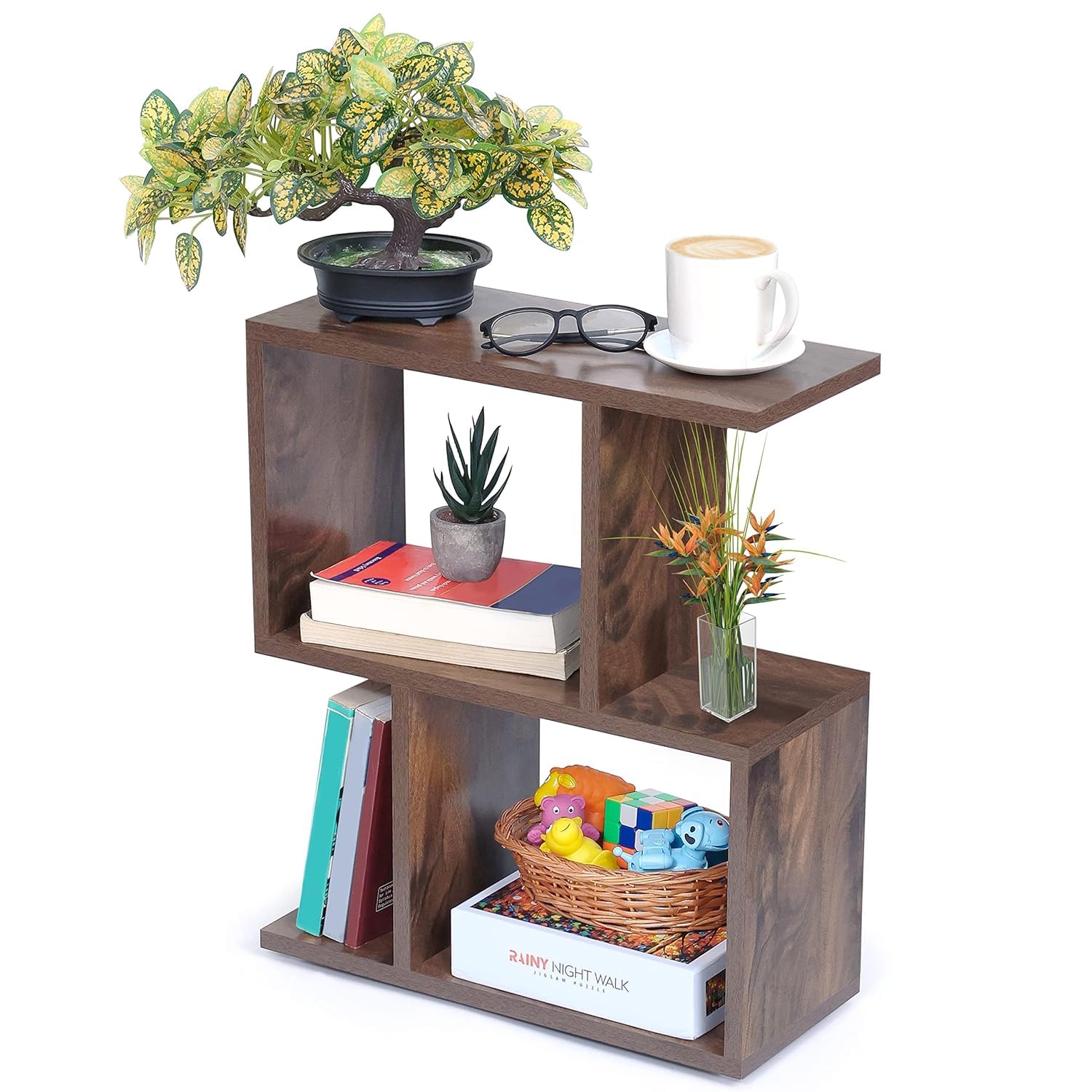 ABOUT SPACE Wooden Side Table - Wall Mounted Night Stand & End Table Organizer-S Shaped DIY Storage Organiser - Bedside Furniture for Bedroom,Living Room,Hallway(L 47 x B 20 x H 56 cm,Brown)