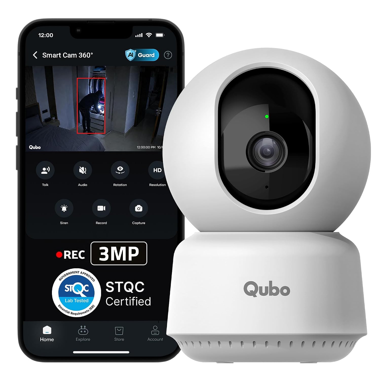 Qubo Smart Cam 360° 3MP by Hero Group | STQC Certified | AI Person Detection | Intruder Alarm | Color Night Vision | Two-Way Talk | Records Directly on Cloud | No SD Card Required