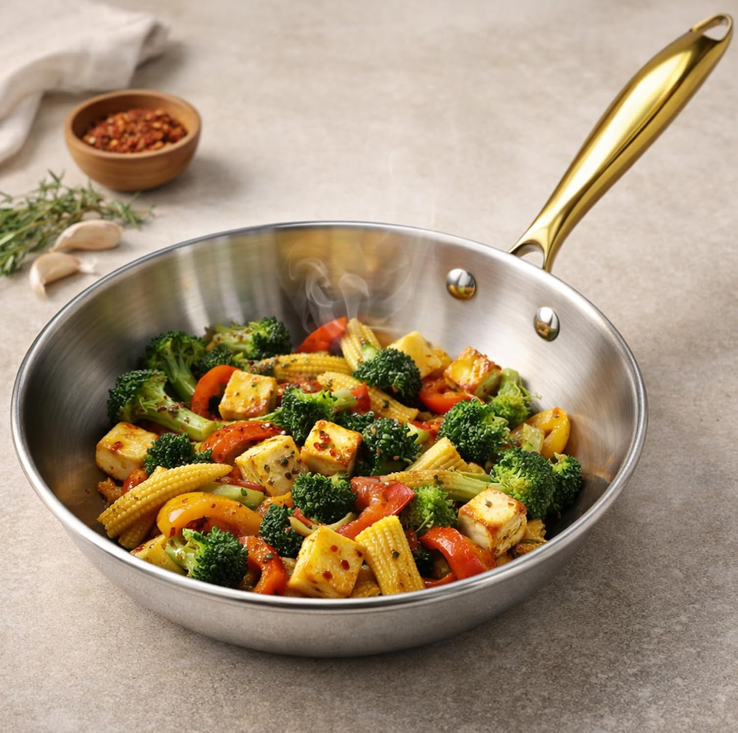SOLARA MontClaire Premium Triply Stainless Steel Frying Pan with Golden Handle, 22cm(1.7L) Fry Pan – Induction Friendly, Pan for Cooking, 100% Toxin-Free and Chemical-Free Cookware