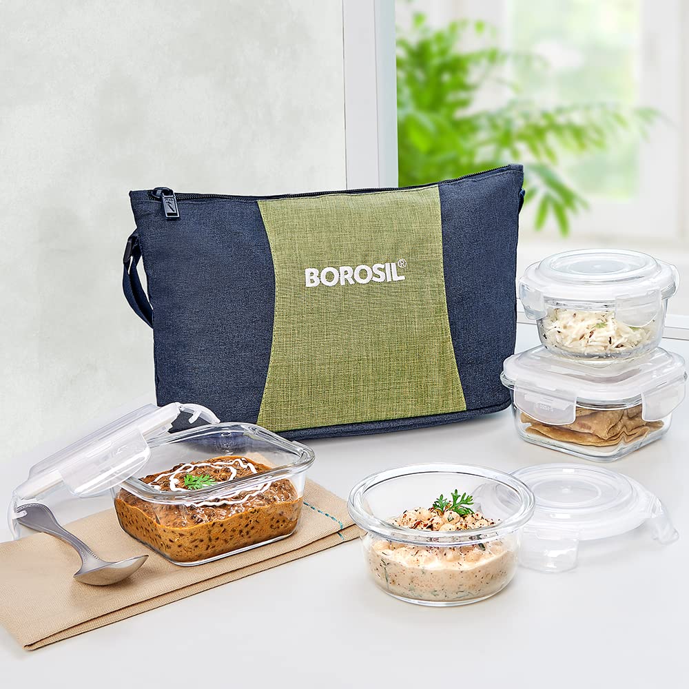 Borosil Ace Daisy Lunchbox 4pc (320ml x 2 Square + 240ml x 2 Round) Container Set Made in India Borosilicate Glass | Microwave & Dishwasher Safe Tiffin for Office, College & School