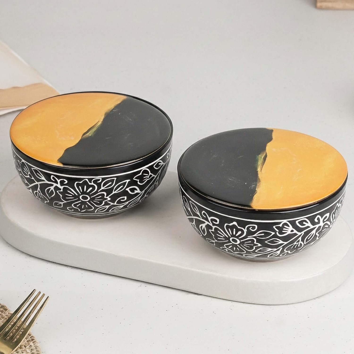 The Earth Store Black Artvine Snack Bowl with Coasters/Lid Set for Kitchen | Dishwasher & Microwave Safe Serving Bowl for Snacks, Rice, Dal, Fruits, Salad | 500ML Set of 2