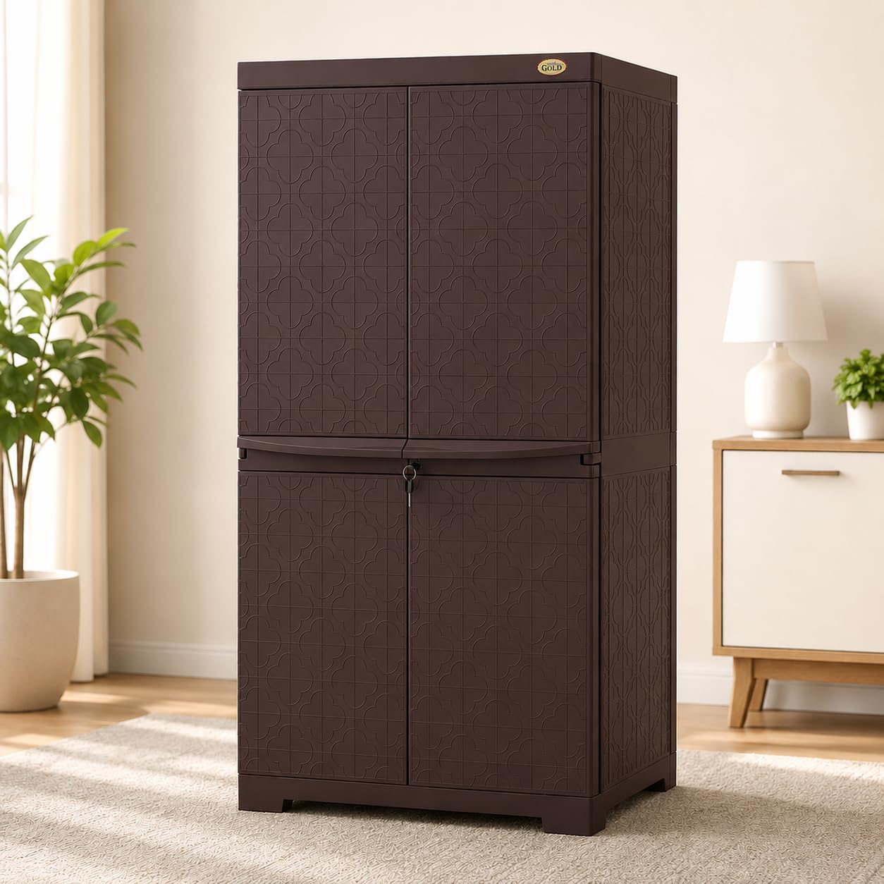 ARLAVYA Furniture 4.1 Ft x 2 Ft Storage Plastic Cupboard | 1 Year Warranty | Free Standing Cabinet | (Finish Color - Brown, Door Type- Hinged, DIY(Do-It-Yourself)) | (3 Shelf)