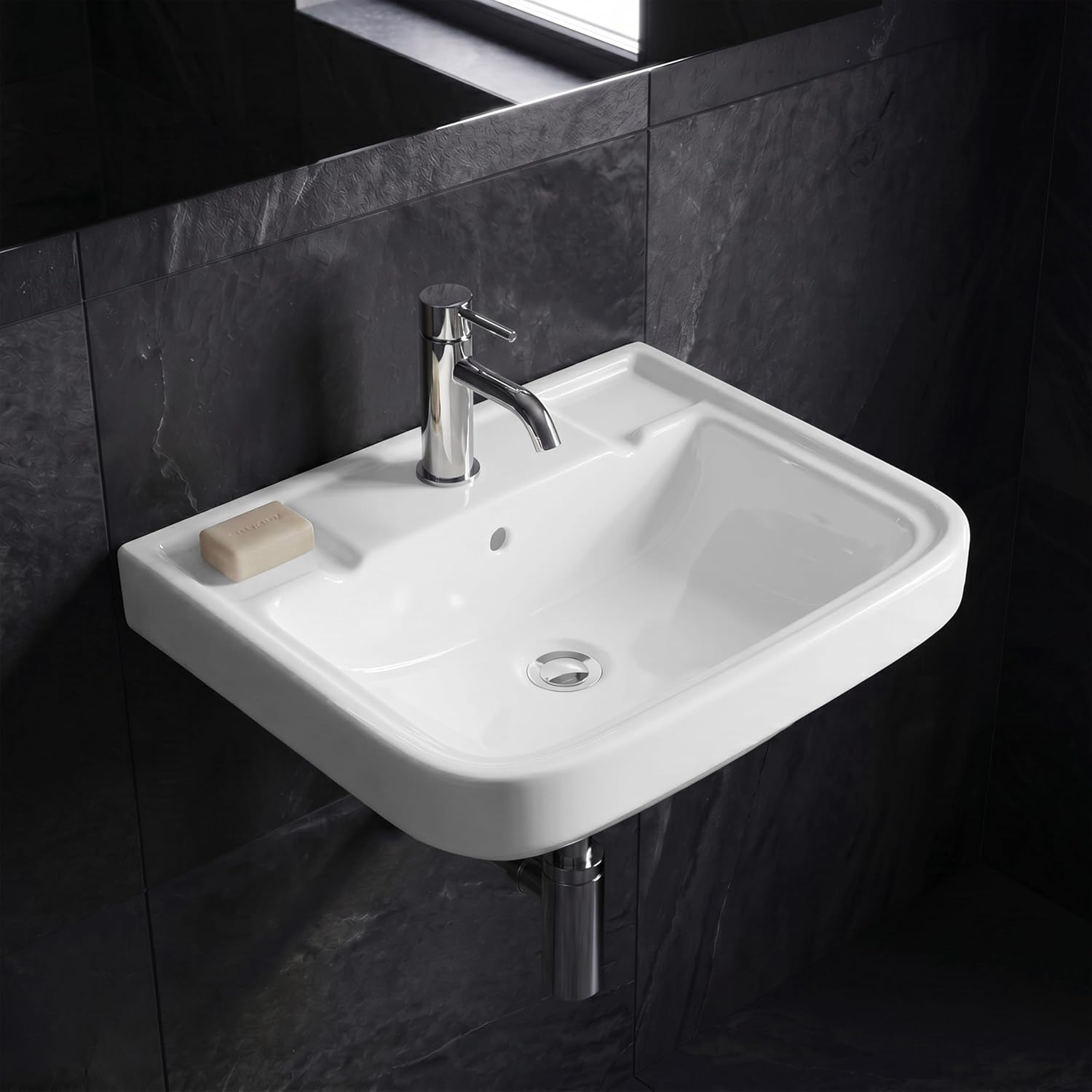 WASSMIST Wash Basin | Wall Hung Wash Basin for Bathroom with 10 Year Glaze Warranty | Premium Ceramic Compact Basin with Tap Hole (15.7 X 14 X 6.1 Inch)