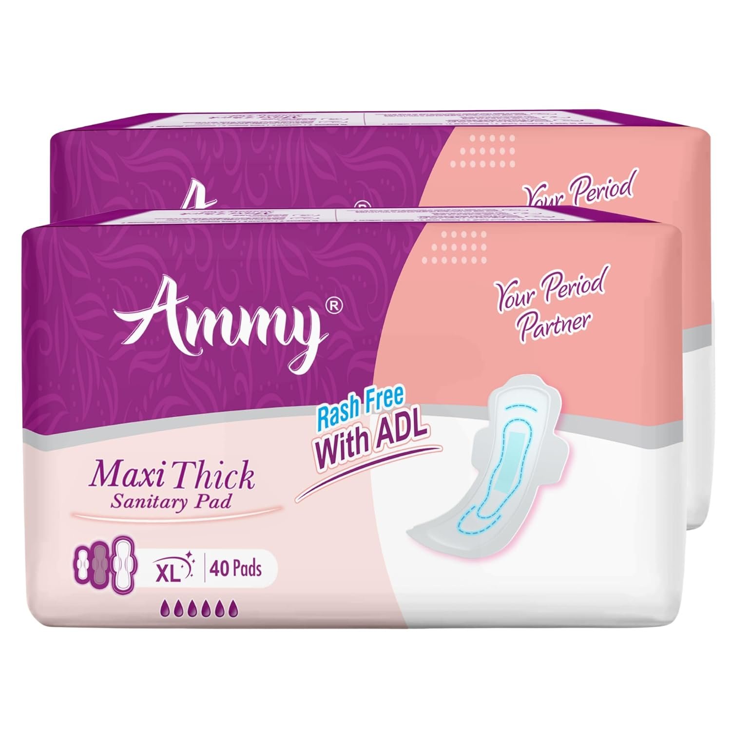 Ammy Super Absorbent Maxi Thick Sanitary Pads - 80 Pcs XL for Medium Flow | Cottony Soft, Rash Free, Leak Lock with 6-Layer Shield & Active Flow Layer | Pack of 2
