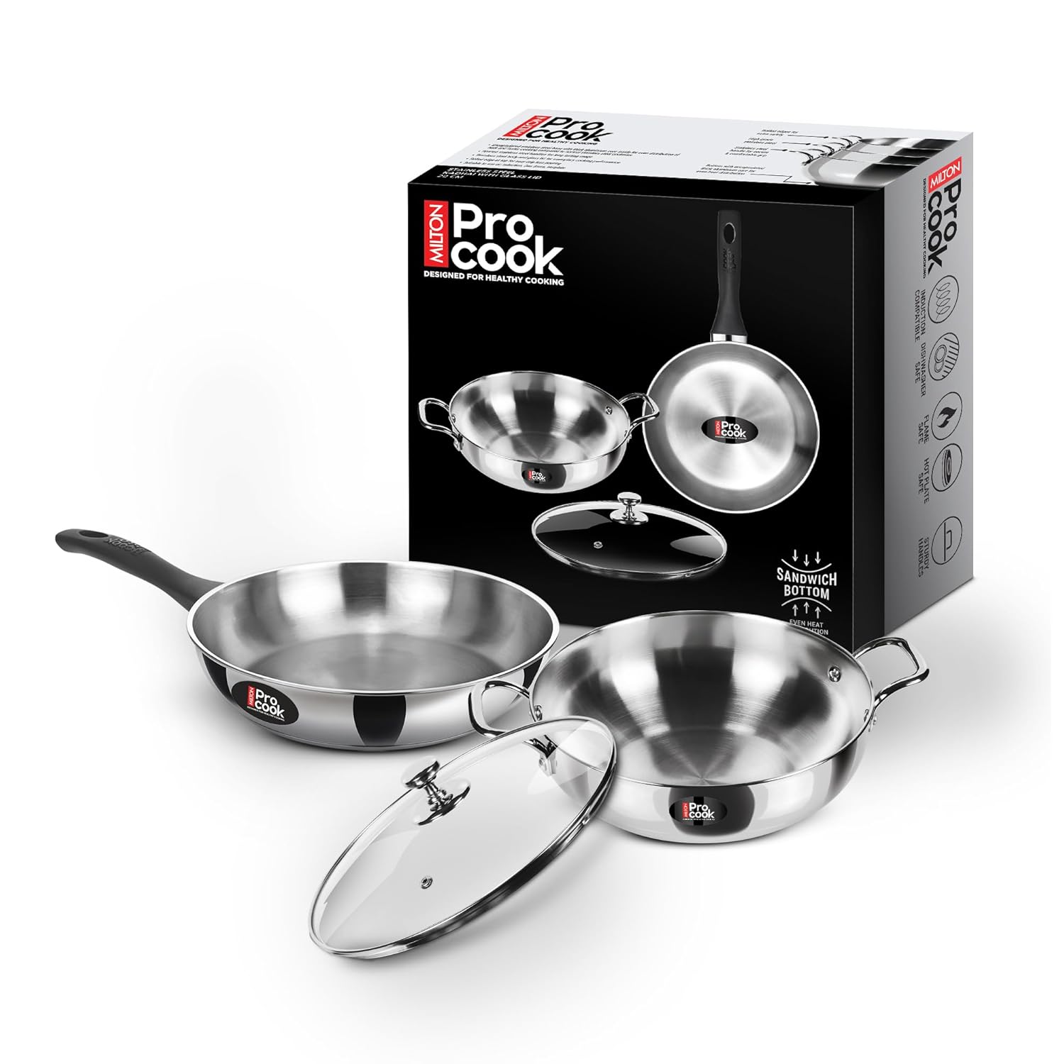 Milton Pro Cook Induction Cookware & Gas Stove Friendly Sandwich Bottom 3 Pc Cookware Set | Stainless Steel Kadhai & Fry Pan with Lid 22 cm | Deep Frying | Sauté | Scratch Resistant | 2Y Warranty
