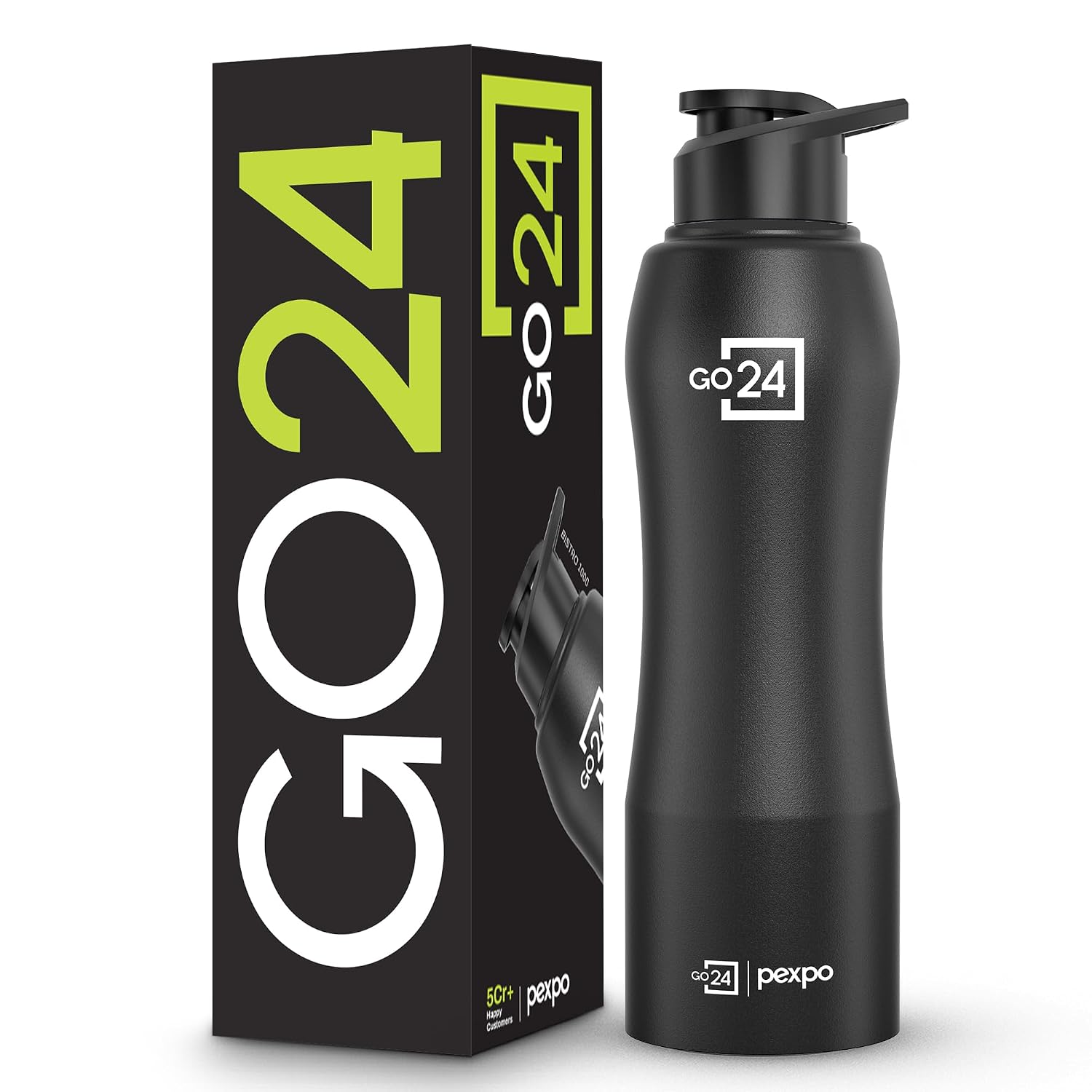 Go24 pexpo Bistro ISI Certified Stainless Steel Fridge Cooling/Sports Sipper Water Bottle 1 Litre, Knight Black|Single Wall| Home, Office, Gym, School, Yoga, Trekking, Men, Women & Kids