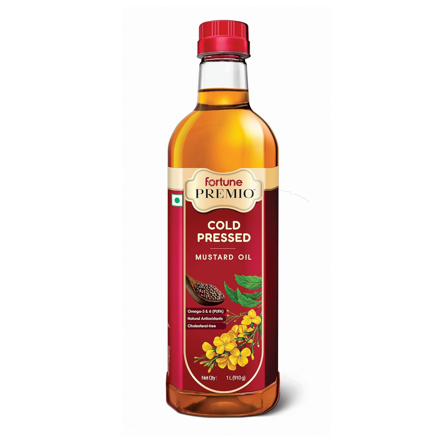 Fortune Premio Cold Pressed Mustard Oil 1L Bottle | Rajasthan Mustard Seeds | Rich in Omega 3 & 6 (PUFA) | Natural Antioxidants | Strong Aroma | Ideal for Frying & Pickles