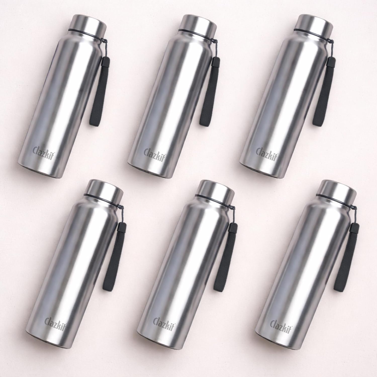 Clazkit Stainless Steel Water Bottle, 1000 ml -Set of 6 - Single-Walled, Spill-Proof, Food Grade Steel | Fridge, Office, School, Travel, Gym, Car (Silver)