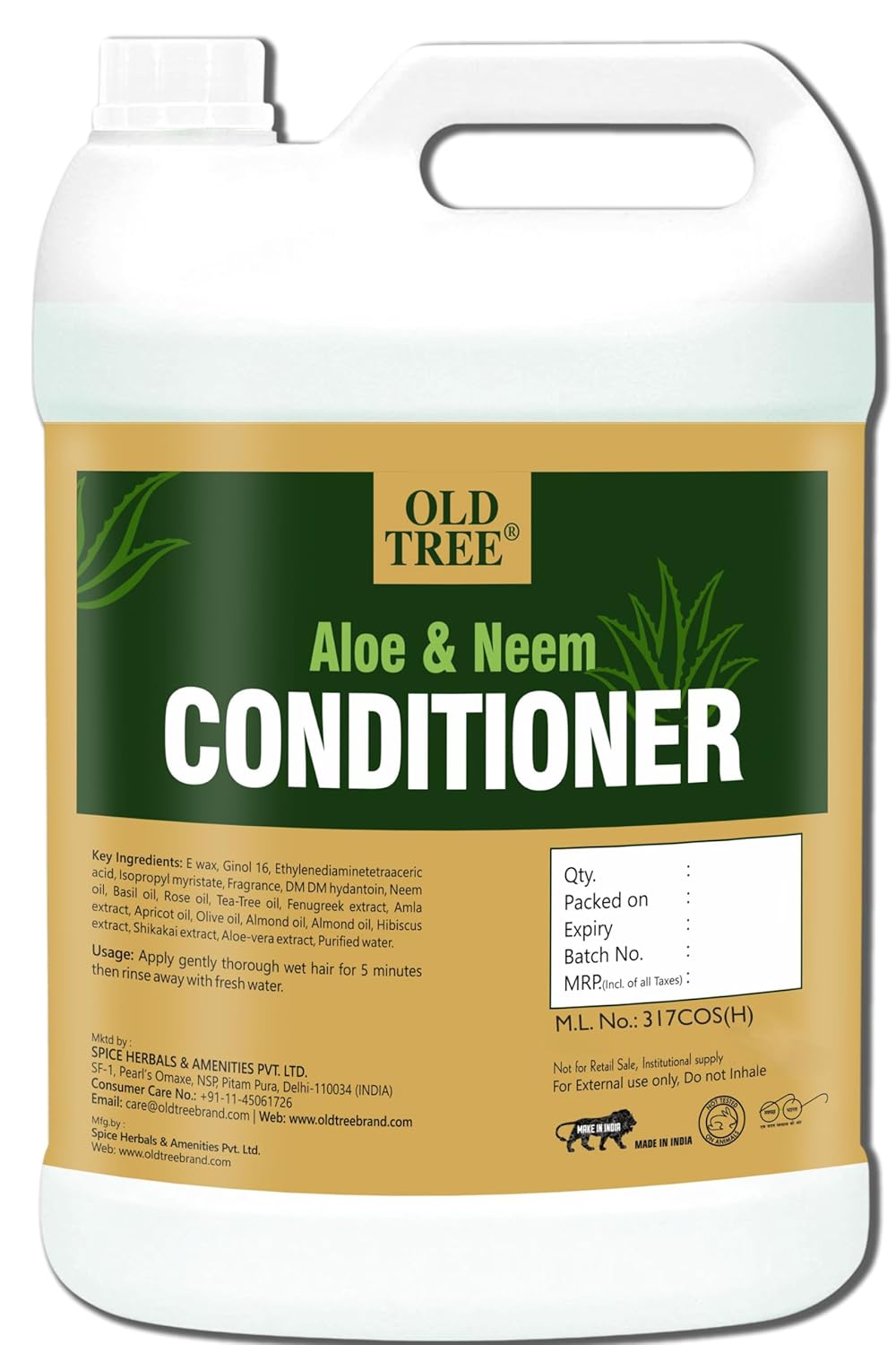 Old Tree Neem & Aloe Vera Conditioner 5L - Deep Conditions Dry Conditioner for Silky and Shiny Hair - Conditioner for Hotel Amenities