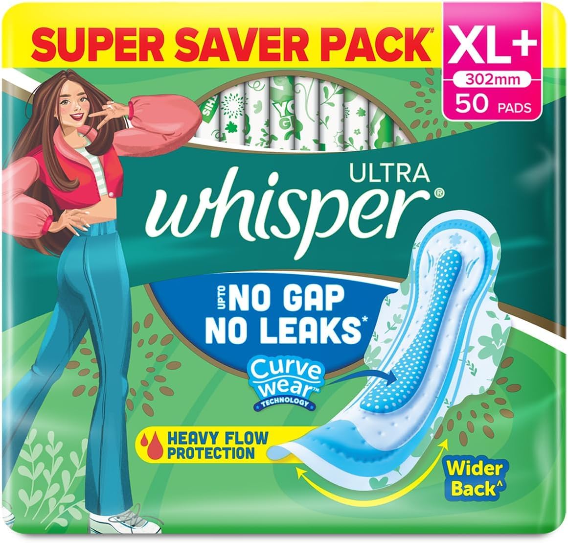 Whisper Ultra Upto No Gap No Leaks* Sanitary Pads, 50 XL+ Pads, For Heavy Flow Protection, With CURVEWEAR Technology, Cotton Like Softness, Disposable Wrapper, Locks Odour & Wetness (*Based on P&G Technical Data) (Product Does Not Contain Cotton)