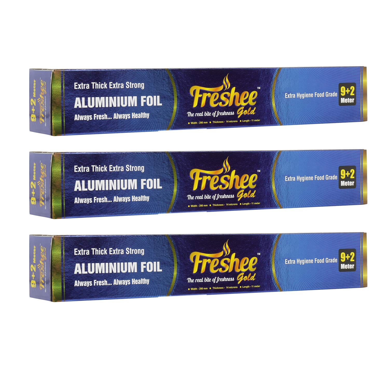 Freshee 9m Plus 2m Disposable Foil for Food Wrapping Pack of 3 Aluminium Foil Rolls for Oven Roasting, 14 Micron Thick Silver Foil for Food Parcel & Delivery