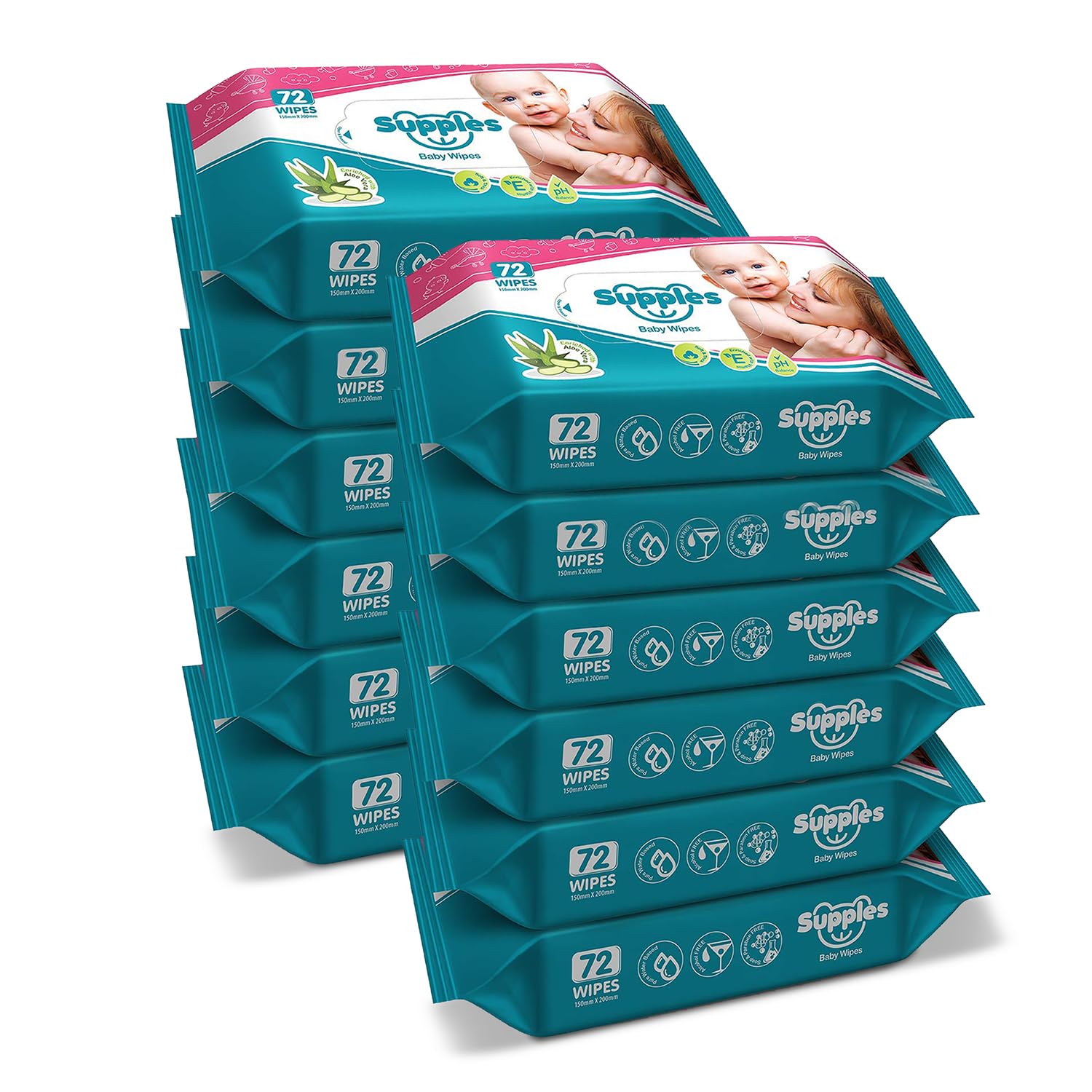 Supples Baby Wipes | 864 Wipes | 72 Wipes x 12 Packs | Enriched With Aloe Vera and Vitamin E | Alcohol-Free and Paraben-Free | Pure Water-Based formulation