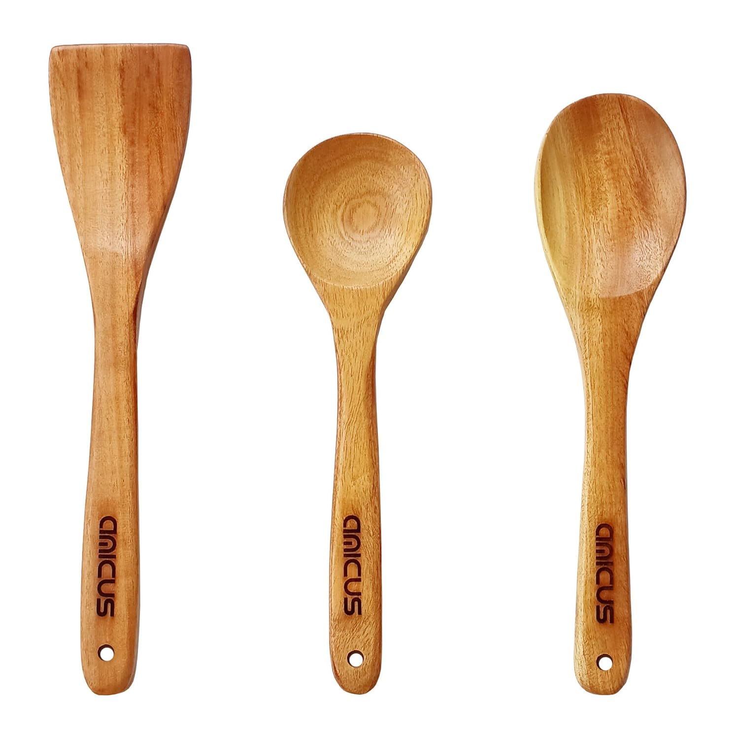 amicus Neem Wood Spatula Turner Spoon for Cooking Dosa Roti Chapati Vegetables, Serving Flipping Baking Mixing Kitchen Tools Naturally Antimicrobial and Non Stick Wood Spatula Set of 3 Pieces
