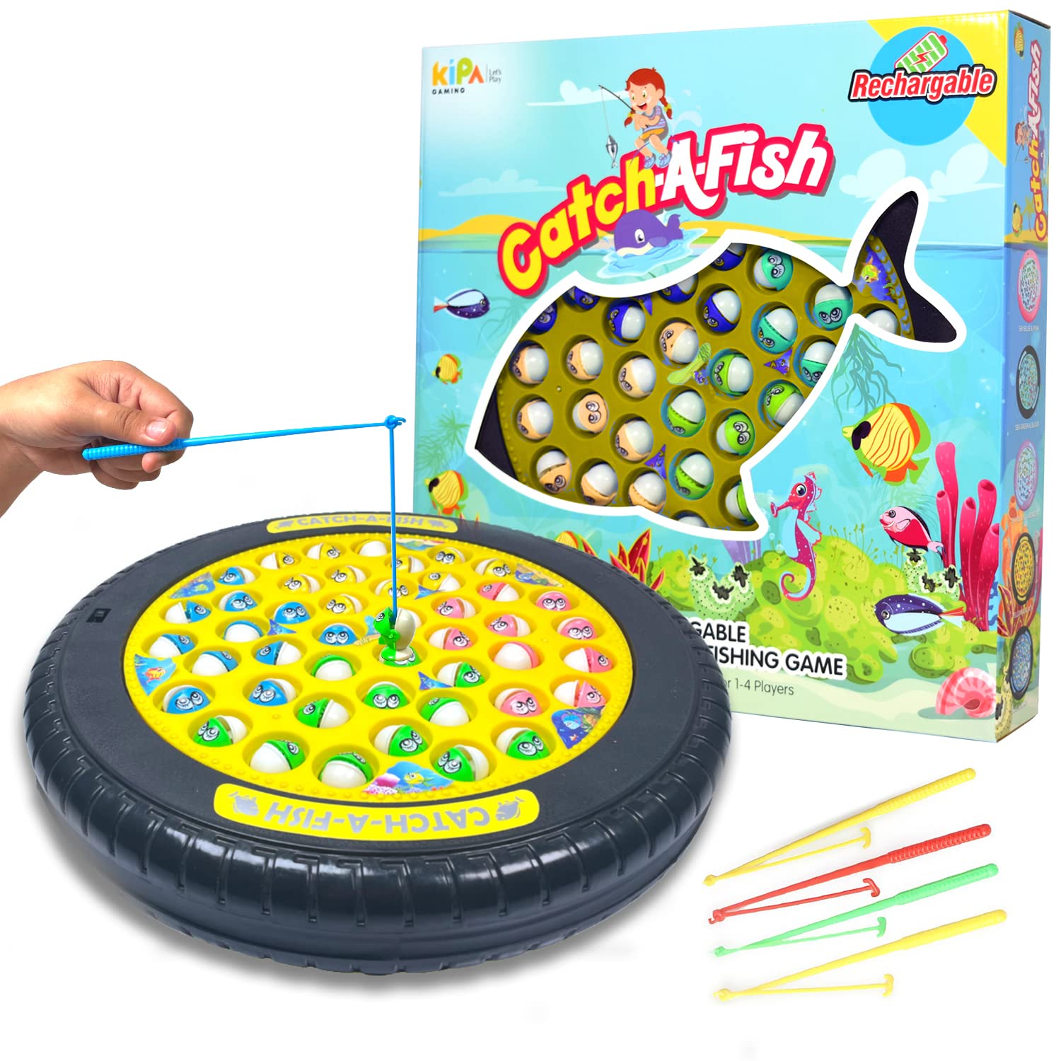 KIPA GAMING Rechargeable Fish Catching Game, 45 Fishes with Big Round Pond & Fish 4 Catching Sticks for Kids Girls Boys Toddlers Age 2 3 4 5 6 7 8 9 Years (Yellow)