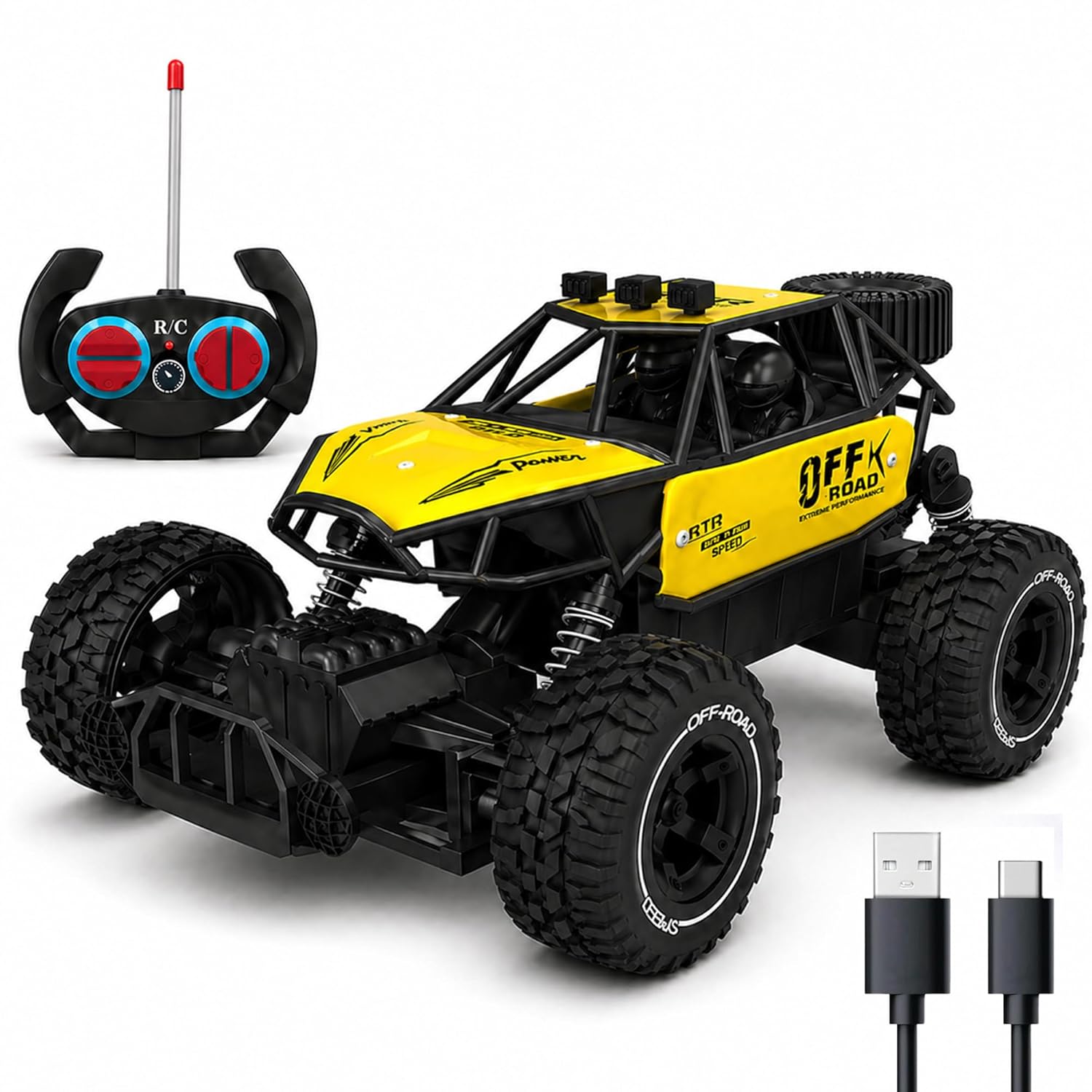 Yellow RC Car Rock Crawler Remote Control Car with LED Headlight, Rechargeable Battery High Speed Off Road RC Car, Monster Truck Toy Car for Kids & Boys 7-14 Years | Remote Control Car Toy Gift