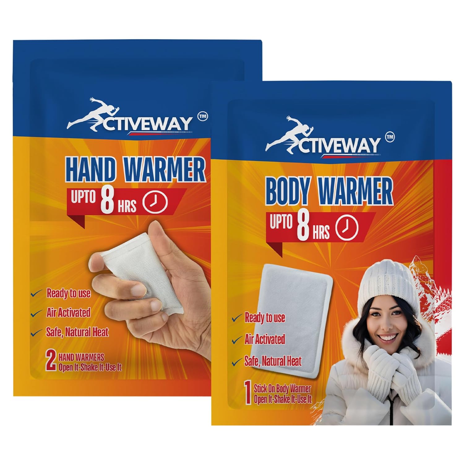 ACTIVEWAY Body + Hand Warmers (3PCs Body+ 2PCs Hand) | Natural Heat | 8+ Hours Cosy Heat | Ideal for Adults and Children | Safe for Travel, Camping, Hiking, Holidays