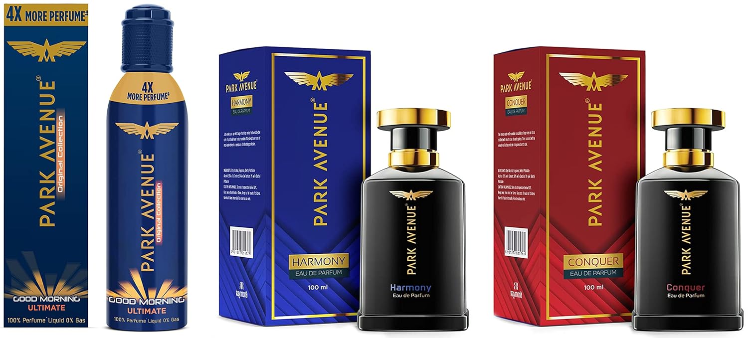 Park Avenue Men Eau De Perfume,Harmony,100Ml & Good Morning Ultimate No Gas Premium Perfume Fresh Long Lasting Musk Scent Fragrance Spray,130 Ml &Eau De Perfume,Conquer,100Ml
