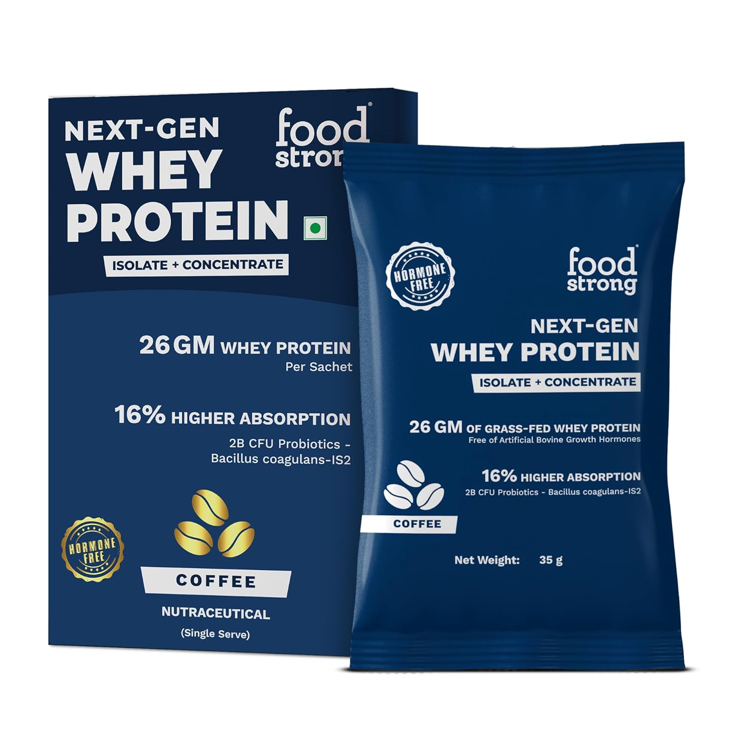 Foodstrong Next-Gen Whey Protein Isolate + Concentrate, 100% Hormone Free Grass-Fed Whey, 26G Protein, Coffee, With Turmeric, Probiotics & Natural Digestive Enzymes For Easy Digestion, Single Serve Sachet, 35G