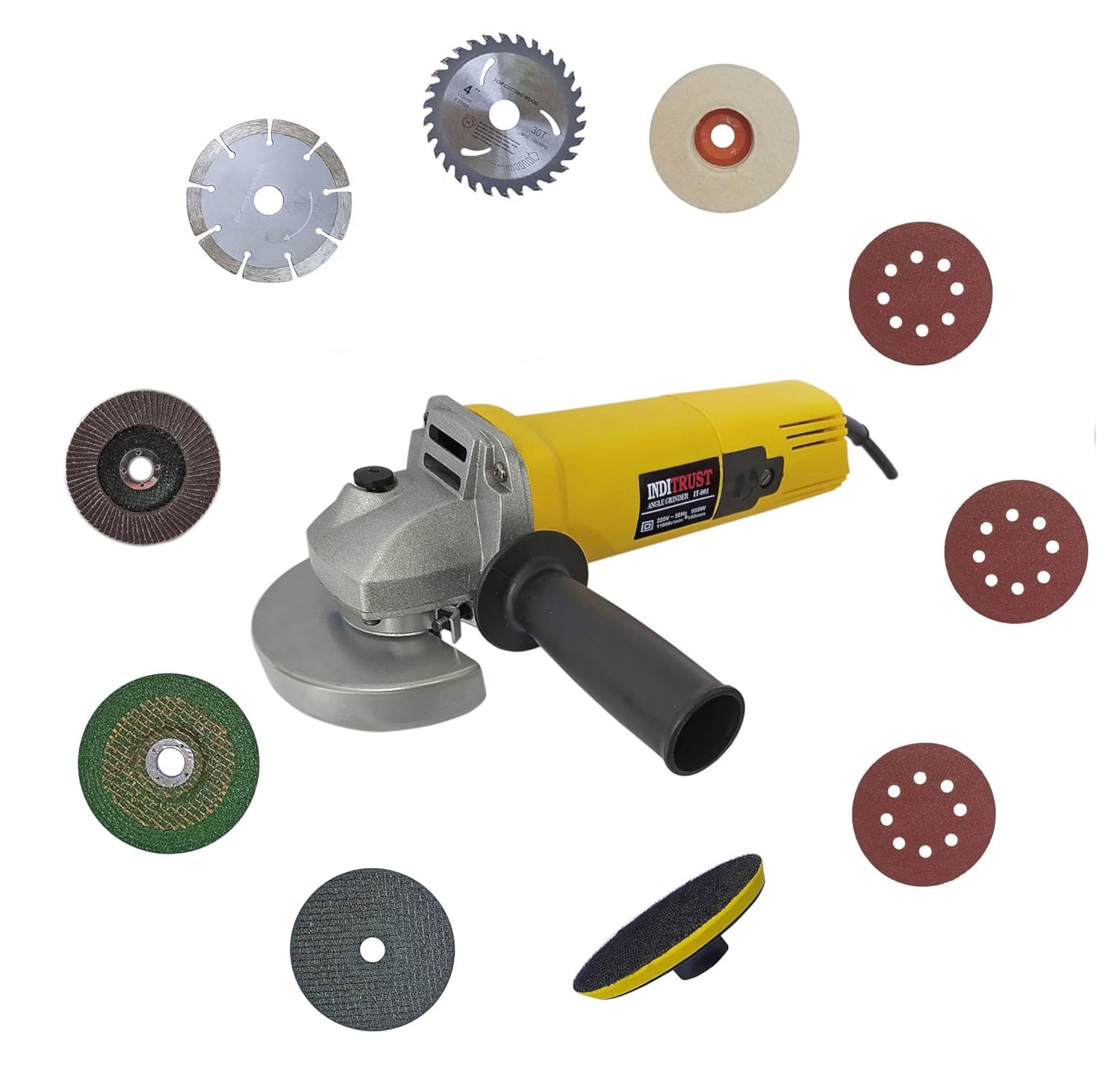 Inditrust WITH 3 MONTHS WARRANTY 950W 801 angle grinder machine with multiple type 10pc Wheel set for Grinding Machine Metal Polisher Metal And Stone Cutting,Sanding Polishing 100% Copper Winding