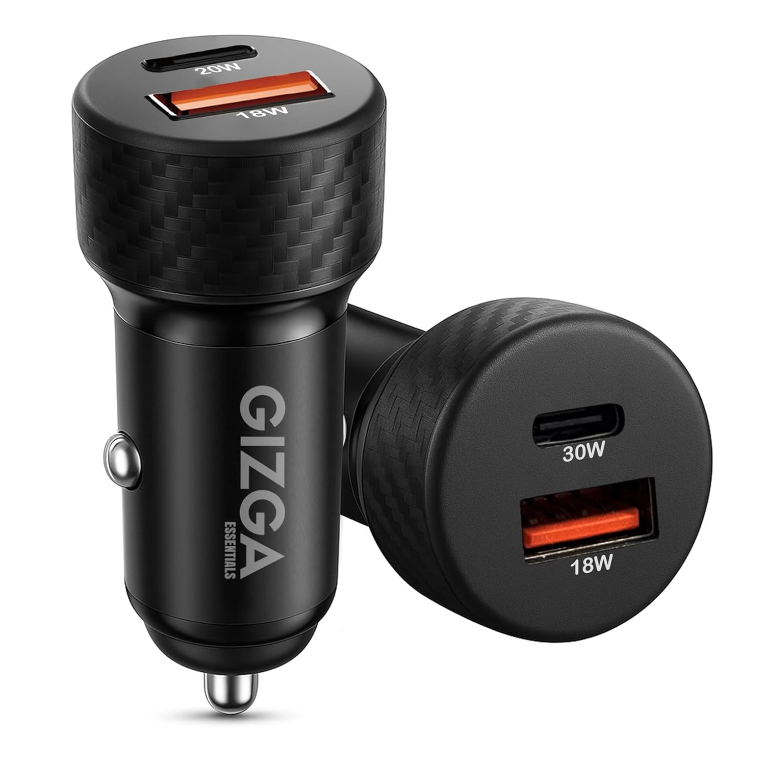 Gizga Essential 48W Dual Port Car Charger with PD Type-C & USB-A, Overvoltage & Temperature Protection | Compact Portable Car Adapter for iPhone, Android, Smartwatch, Earbud & Power Bank (Black)