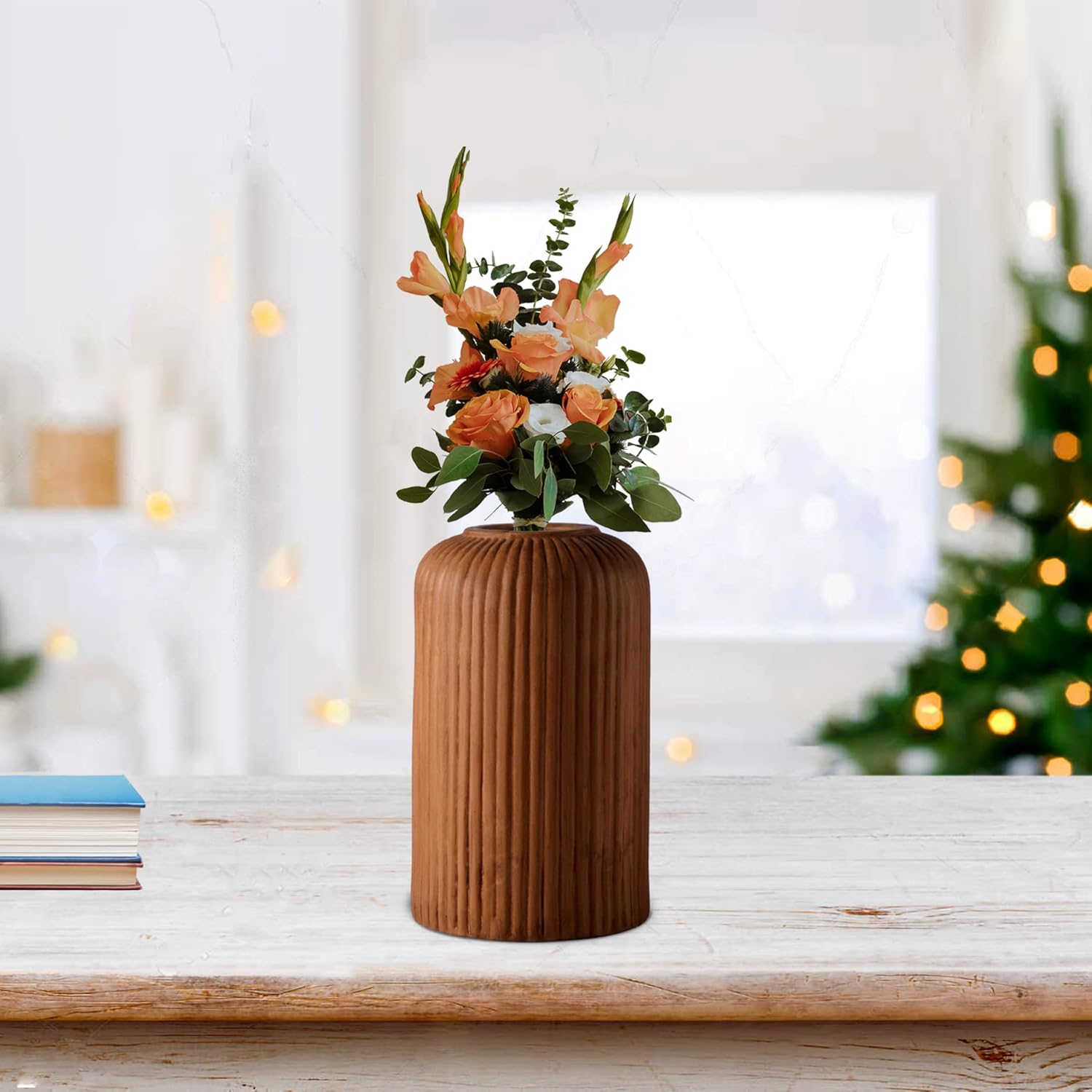 Lasaki Evelyn Small Antique Ceramic Flower Vase for Living Room, Bedroom, Dining Table, Home Decoration (H - 15.5 X D - 8 cm, Antique)(Flowers not Included)