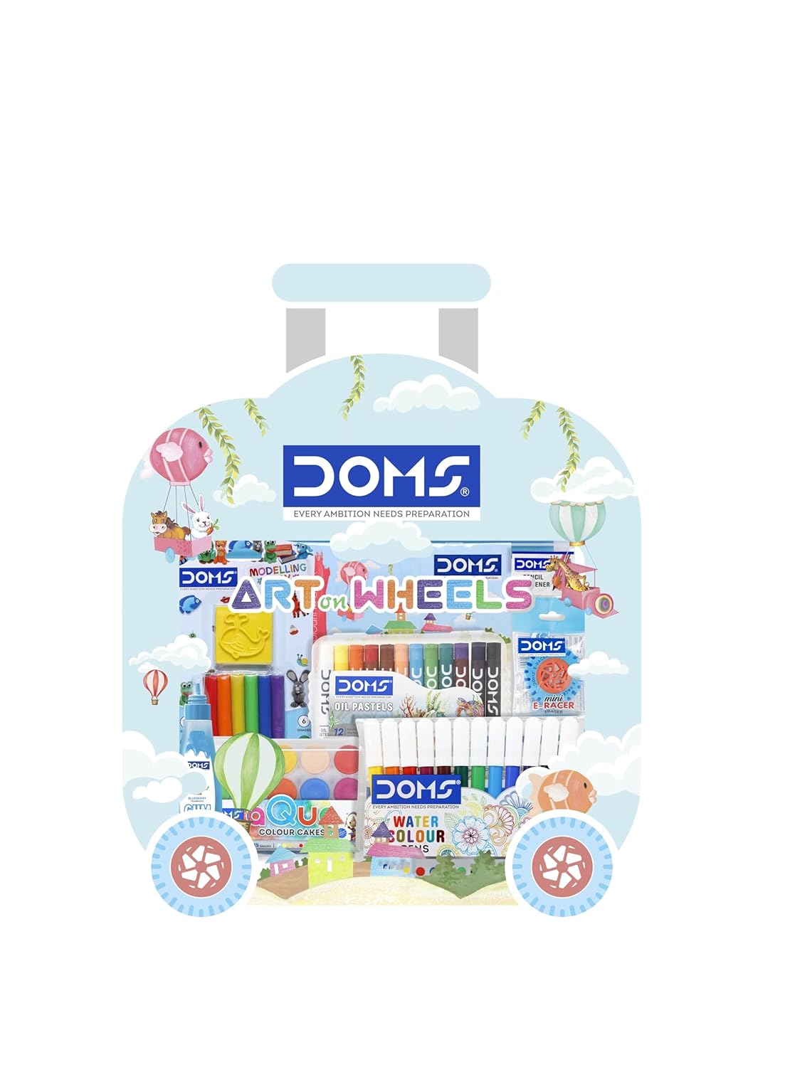 Doms Art On Wheels Assorted Stationery Items Kit + Plastic Crayons 28 Shades Round Tin Gift Pack Combo| Easy to Carry| A Fine Birthday Gift for Children