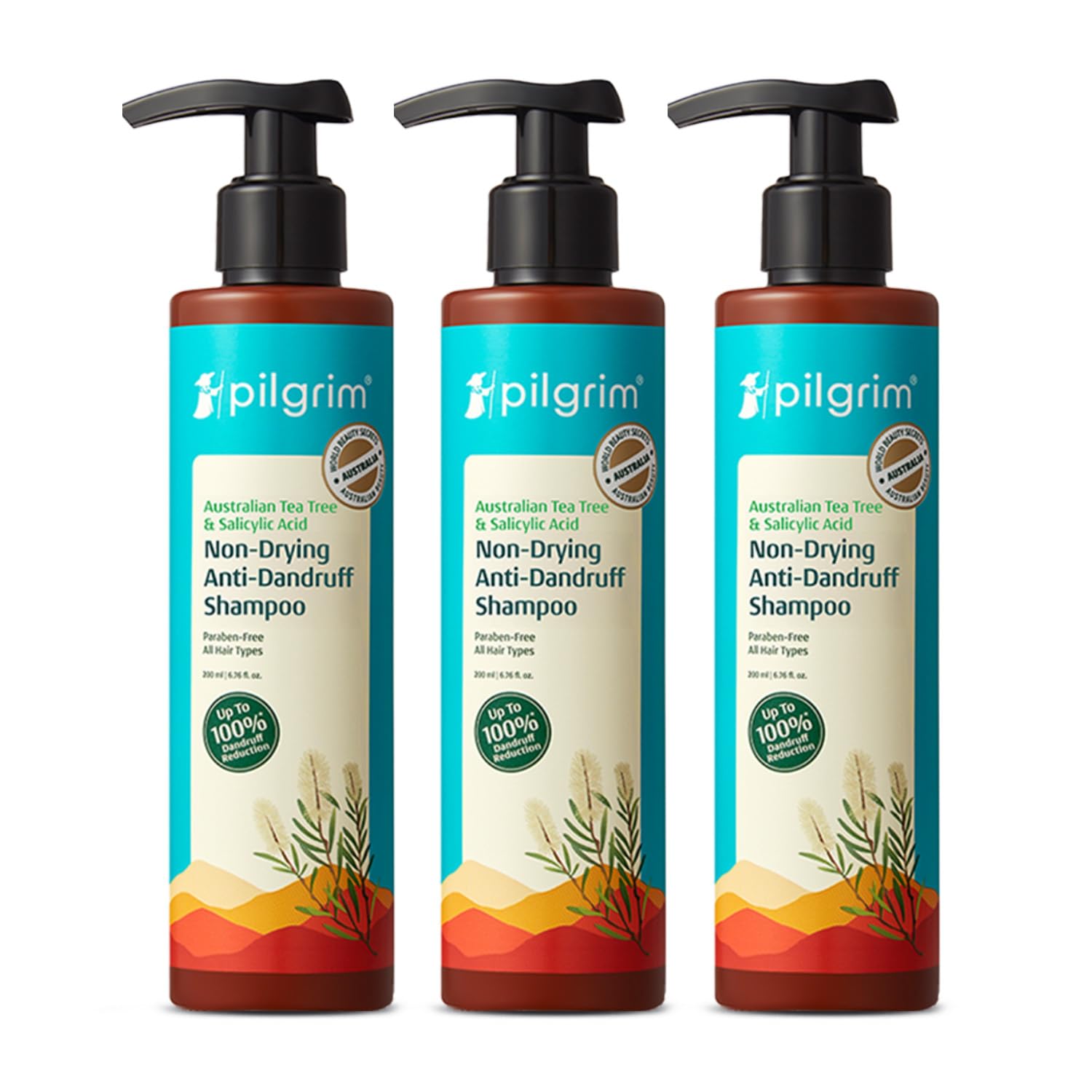 Pilgrim Australian Tea Tree Non-Drying Anti-Dandruff Shampoo | Removes Dandruff from Source | Helps with Itching, Irritation | Strong & Smooth Hair | For Men & Women | (200ml (Pack of 3))