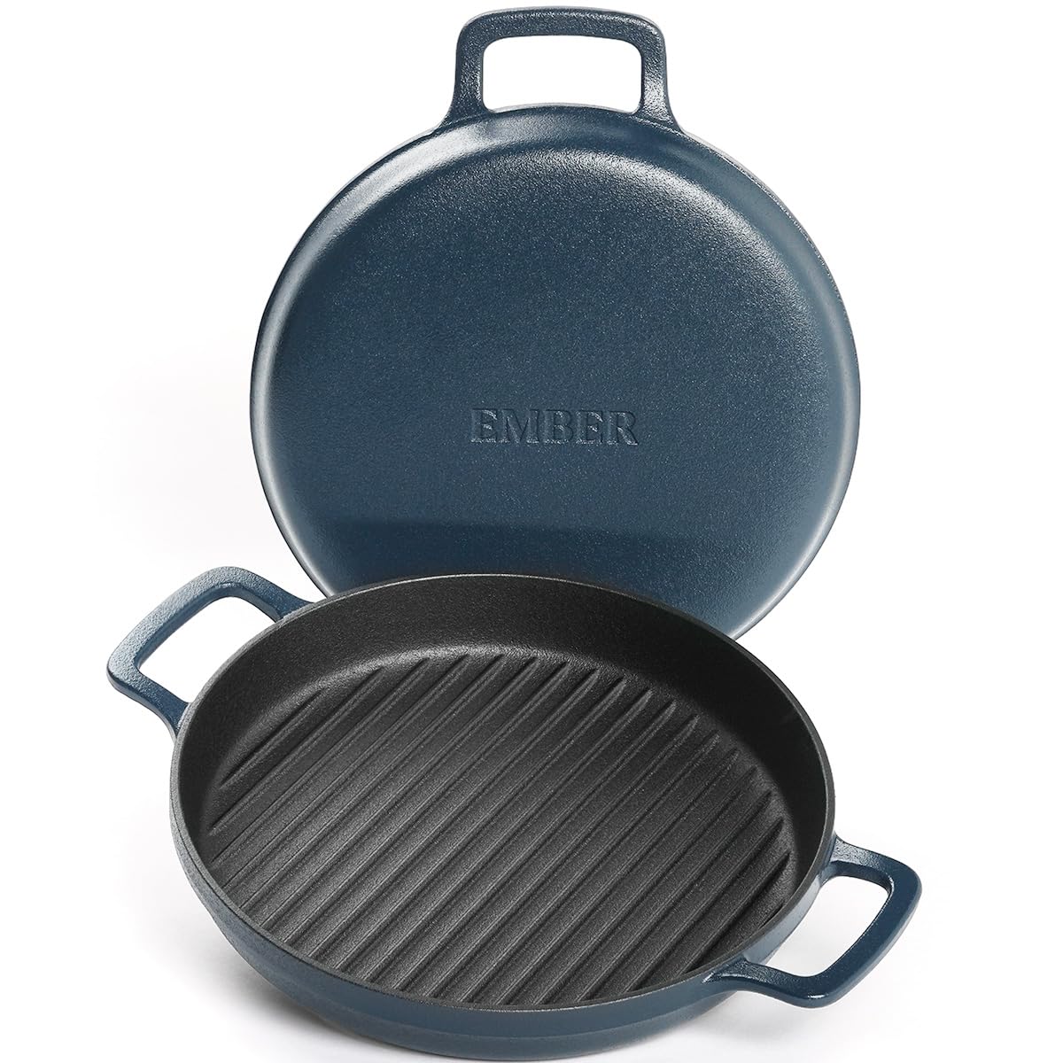 Ember Cookware Pre-Seasoned Cast Iron Grill Pan 26 cm | 10-Year Warranty | Heavy Duty Induction Cookware | Cast Iron Cookware | Non-Toxic Tandoor Grill Pan for Kebab, Vegetables & Sandwich | Blue