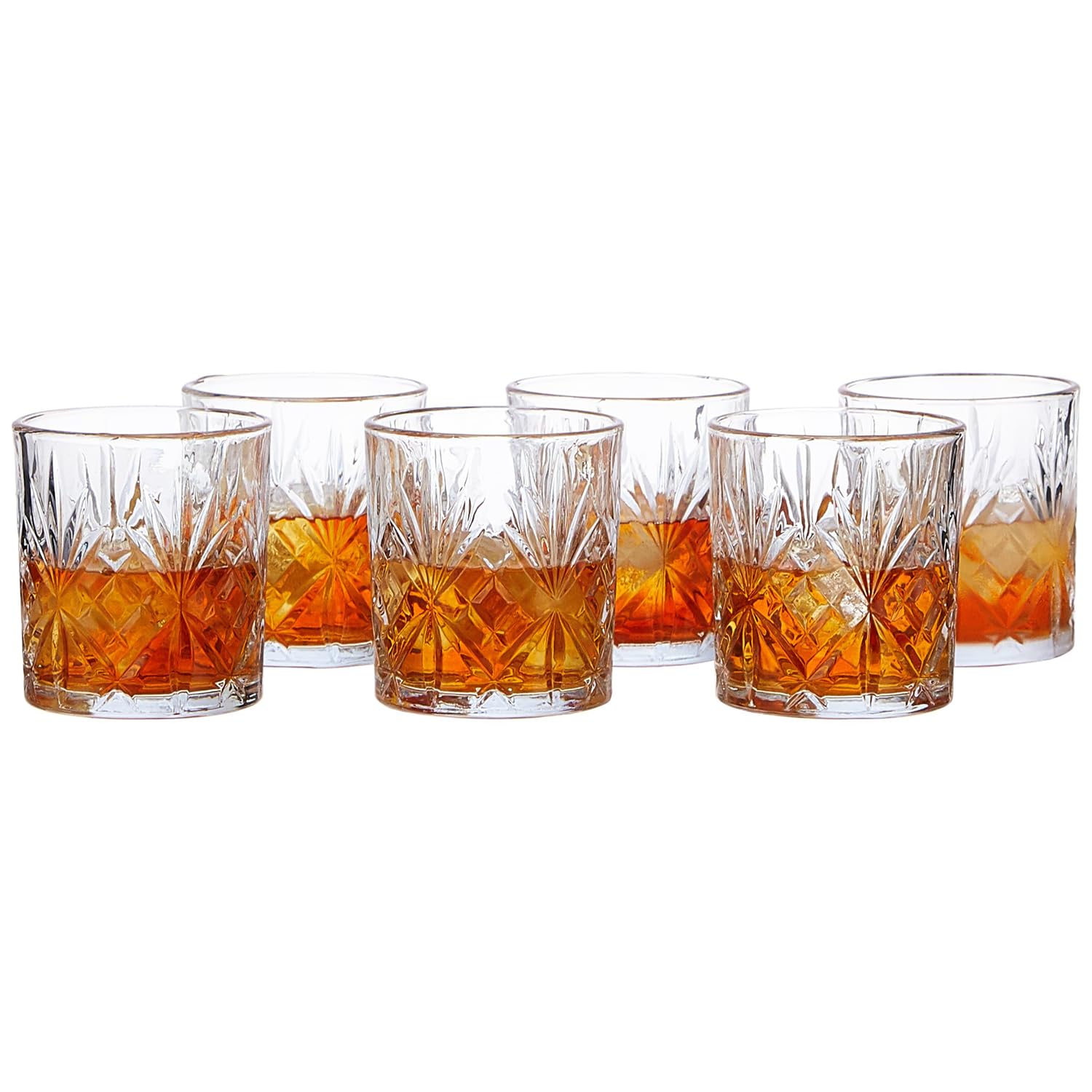 Amazon Basics Whiskey Glass Set of 6 (320ml Each) | Stylish Timeless Design | Versatile for Various Spirits | Durable Glass Cocktail Tumbler | Comfortable Grip | Dishwasher Safe