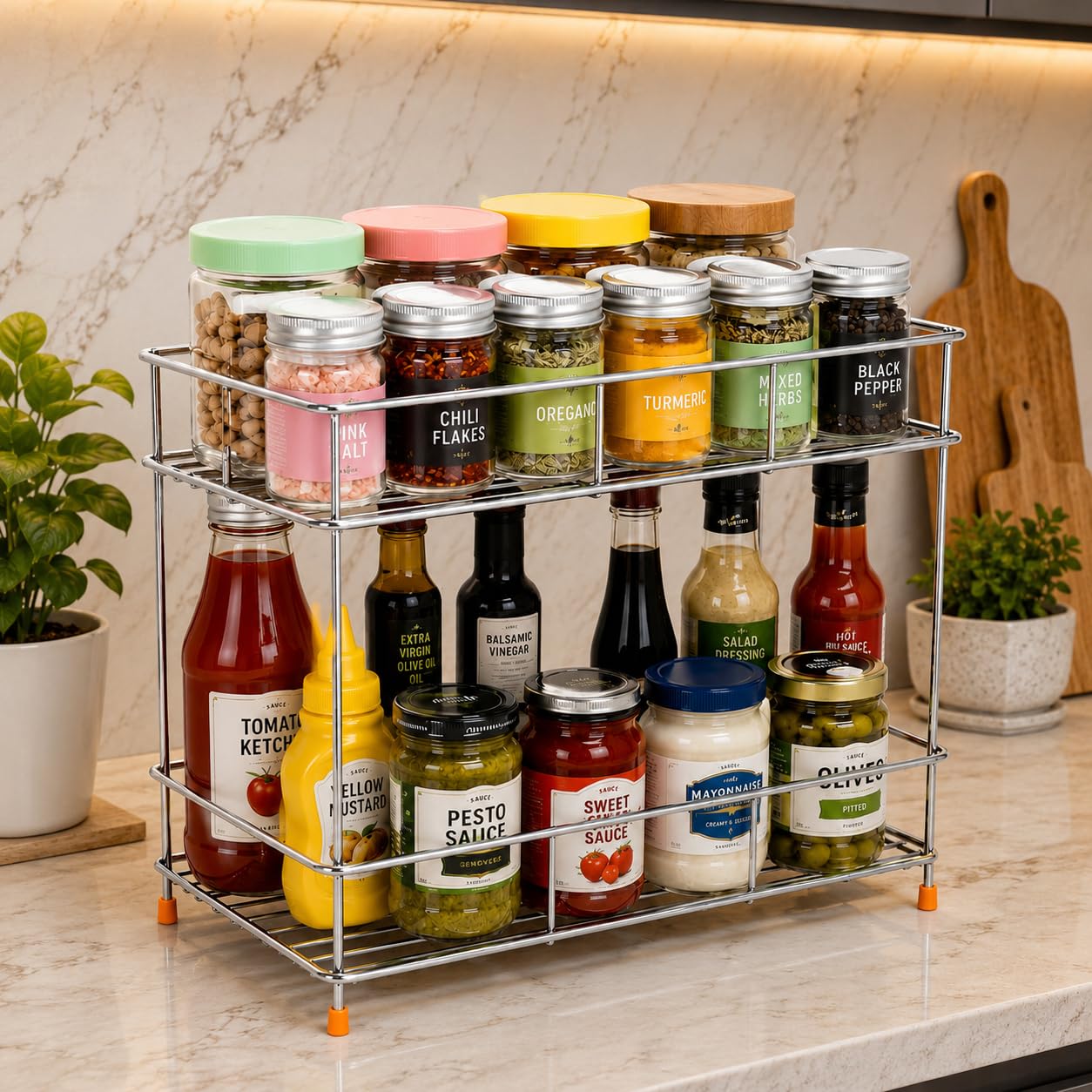 CHHAAP Kitchen Storage Spice Rack and Container Organizer Counter Top Pantry Stand 2-Tier Stainless Steel Multipurpose Masala Kitchen Rack, Space Saver Rack (Pack of 1) (NHSP)
