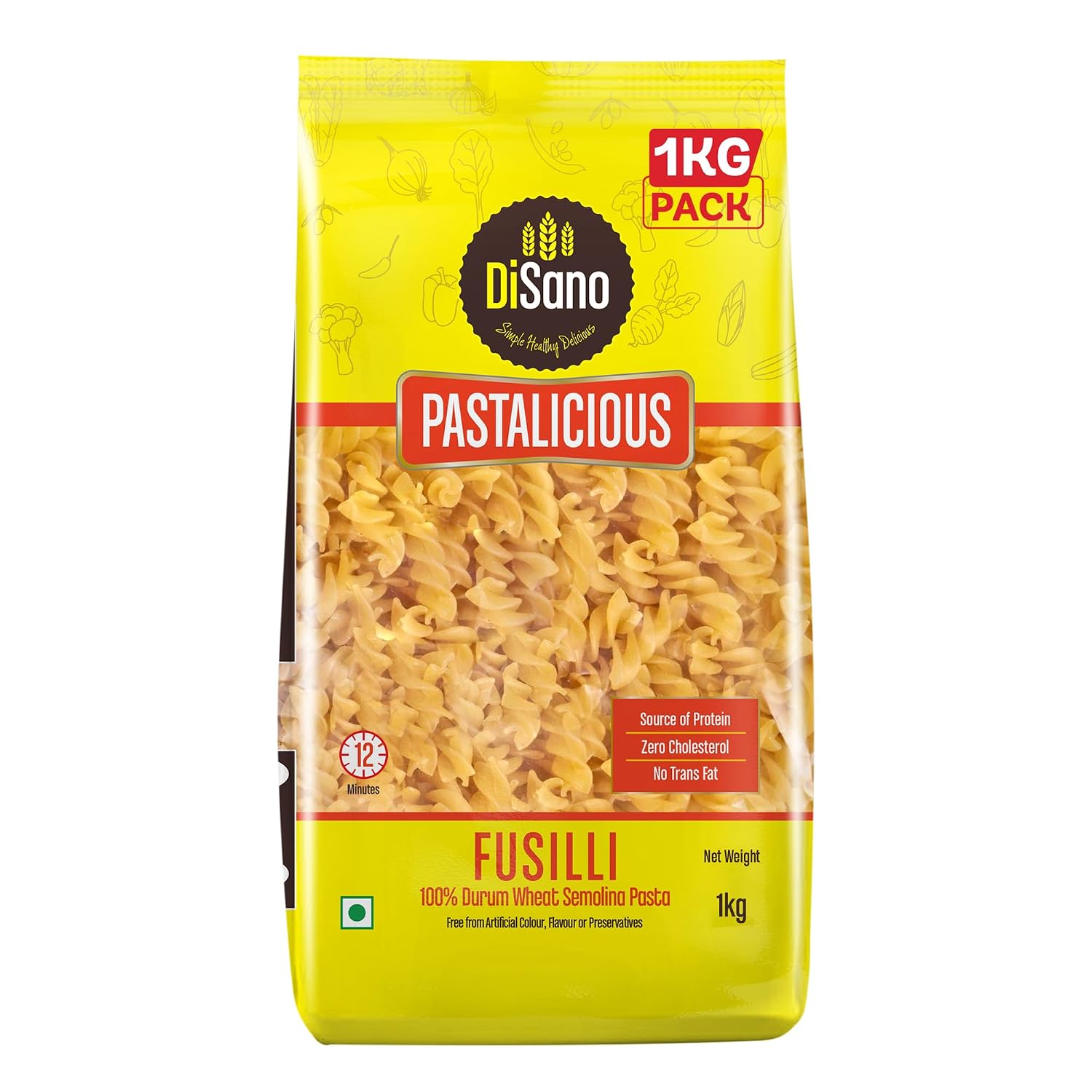 DiSano Fusilli Pasta 1kg, Healthy Pasta, Made with 100% Durum Wheat Semolina, 100% Suji, No Maida, Source of Protein & Fibre, Non-Sticky