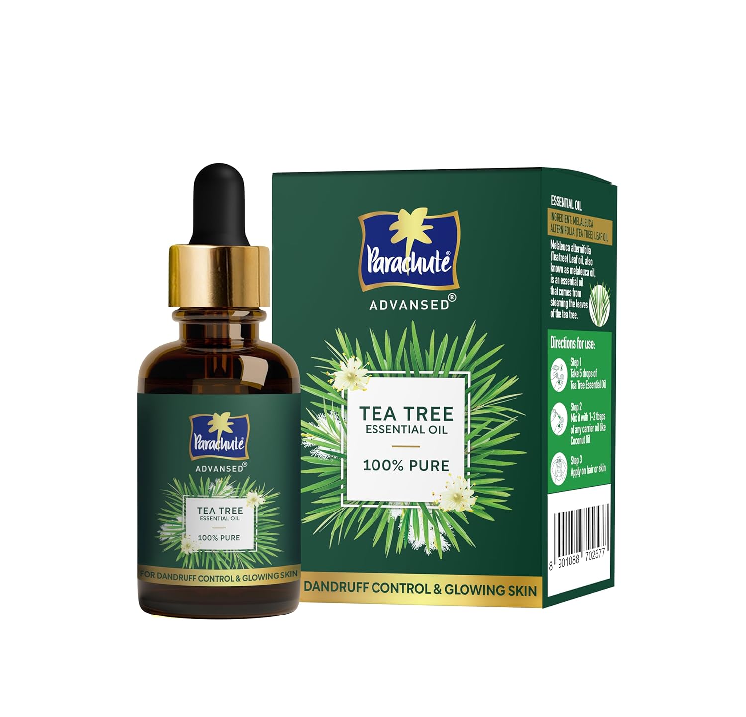 Parachute Advansed Tea Tree Essential Oil 100% Pure for Dandruff Control & Glowing Skin Moisturises dry hair, Controls Dandruff, for Healthy & Clear looking Skin 14ml