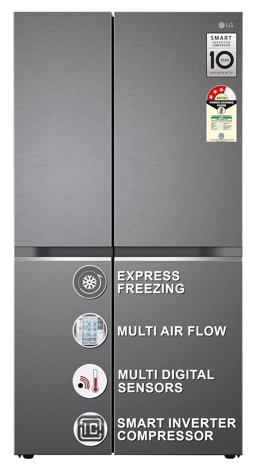 [Use Card] LG 655 L, 3 Star, Frost-Free Smart Inverter Double Door Side-By-Side Refrigerator (GL-B257HDSY, Dazzle Steel, Smart Diagnosis, Express Freeze | Multi Air-Flow)