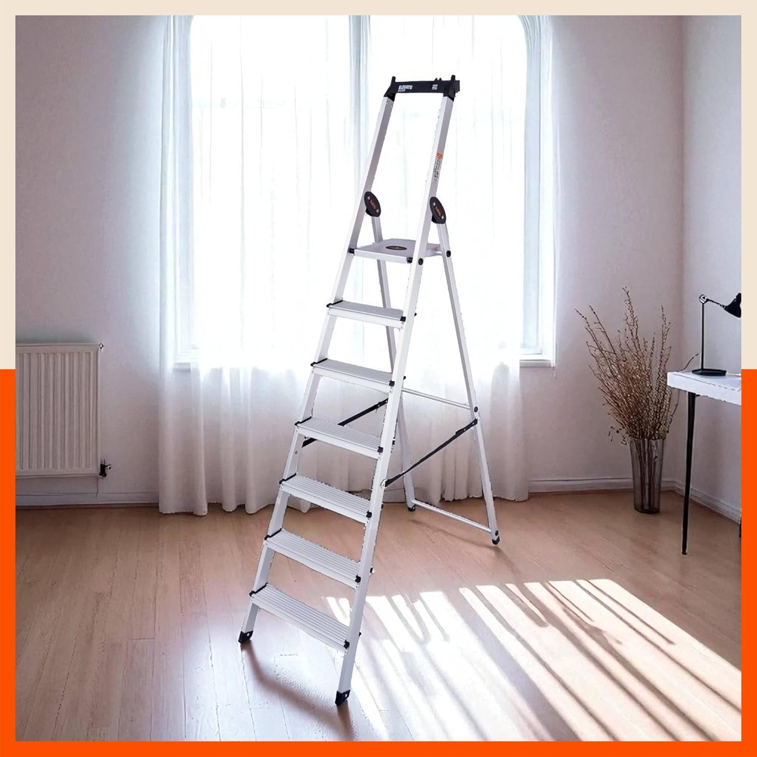 Bathla Elevate 7-Step Foldable Aluminium Ladder for Home with Tool Tray | Anti-Skid | Durable, Heavy Duty, Safe & Stylish | 5-Year Warranty | Black