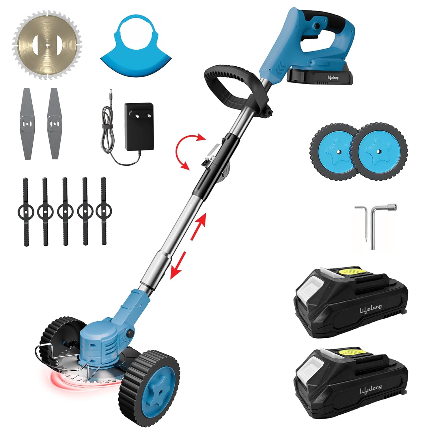 Lifelong Cordless Grass Cutter Machine for Garden | Weed Cutting Tool | Easy Storage with Adjustable Height & Foldable Handle | 2 x 48V Battery | 25cm Cutting Width | 3 x Heavy-Duty Blades