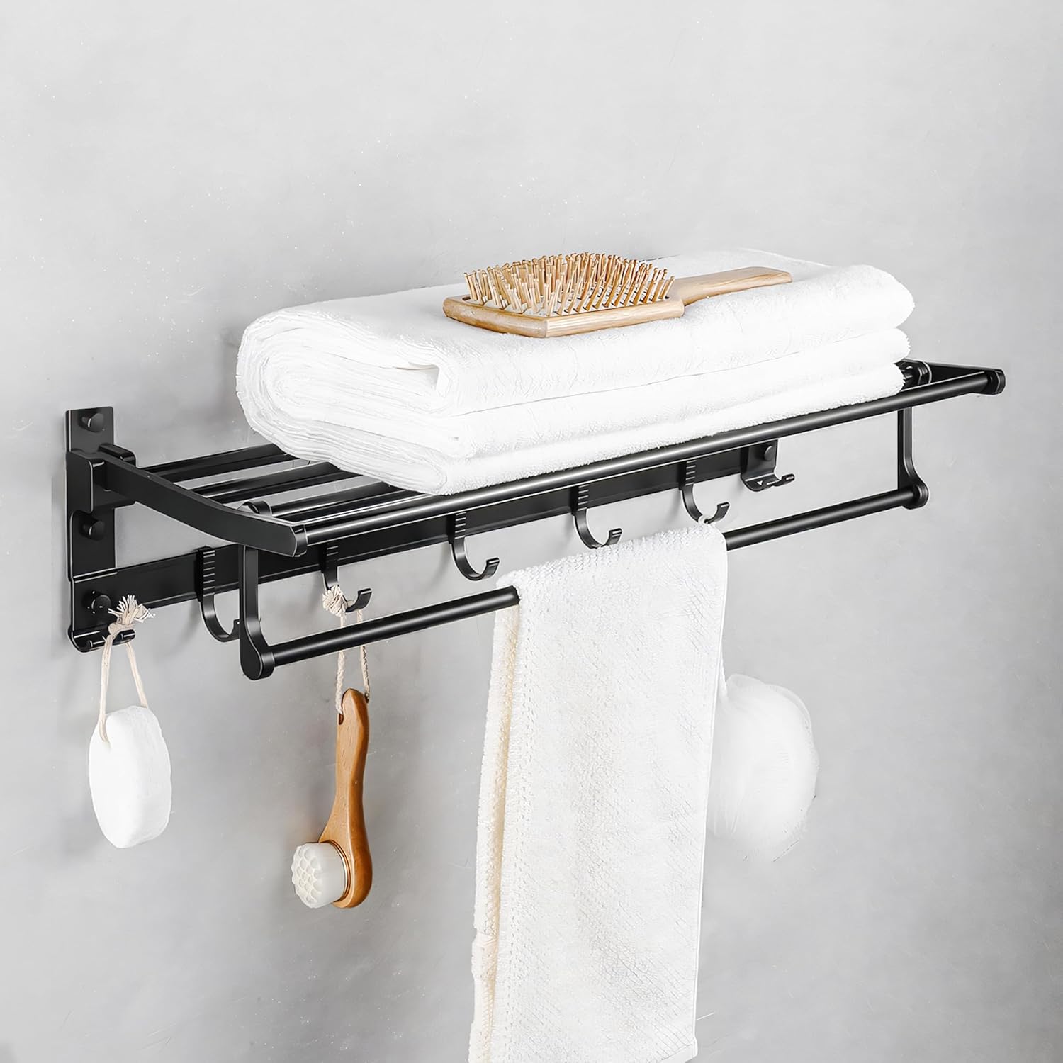 MIORAH 24 Inch Foldable Aluminum Towel Rack for Bathroom – Wall Mounted Double - Tier Towel Holder with Rod & Hooks | Rustproof Black