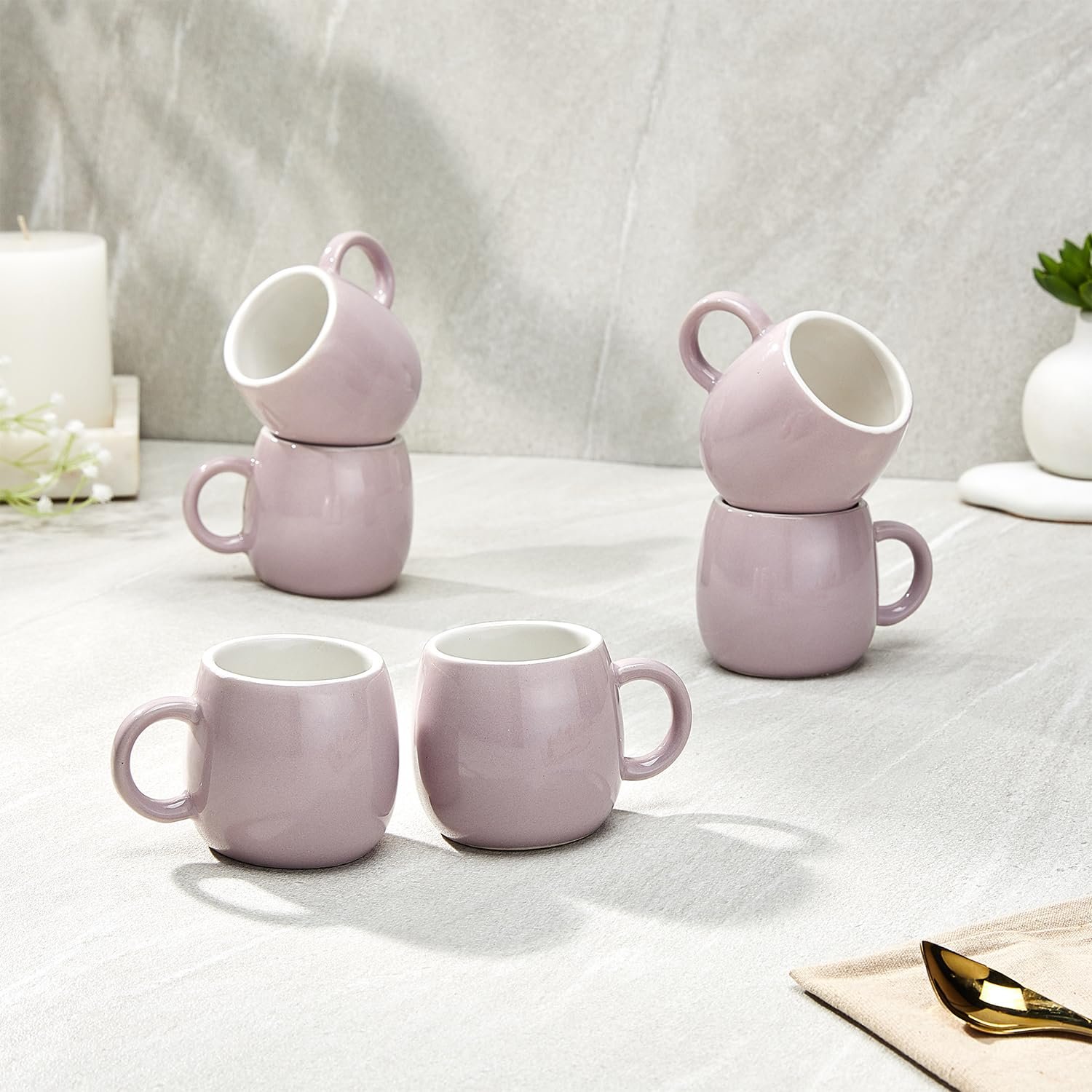 Amazon Brand - Solimo Solid Ovule Lavender Ceramic Tea Cups | Set of 6 | 190ML | Microwave & Dishwasher Safe